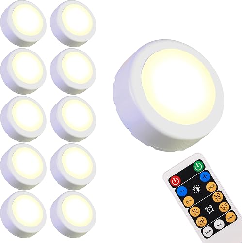 WRalwaysLX Remote Control LED Cabinet Push Light Cool/Warm Adjustable Operates On 3x1.5V AAA Batteries (Not Included) for Kitchen Under Cabinet Lighting,Closets, Cabinets, Counters (10Pack)