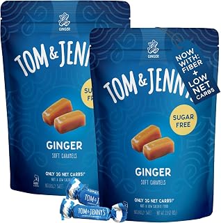 Tom & Jenny's Sugar Free Candy (Soft Caramel) with Ginger and Vanilla - Low Net Carb Keto Candy - with Allulose and Maltitol - (Ginger Caramel, 2-pack)