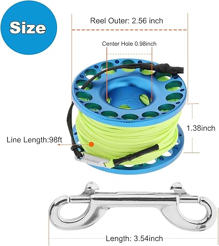 Miniatura 6 de YUNNLEZT 98FT Finger Reel Scuba Diving, Aluminum Lightweight Scuba Finger Spool Reel with Double-Ended Bolt Snap Clip for Snorkeling Scuba Diving