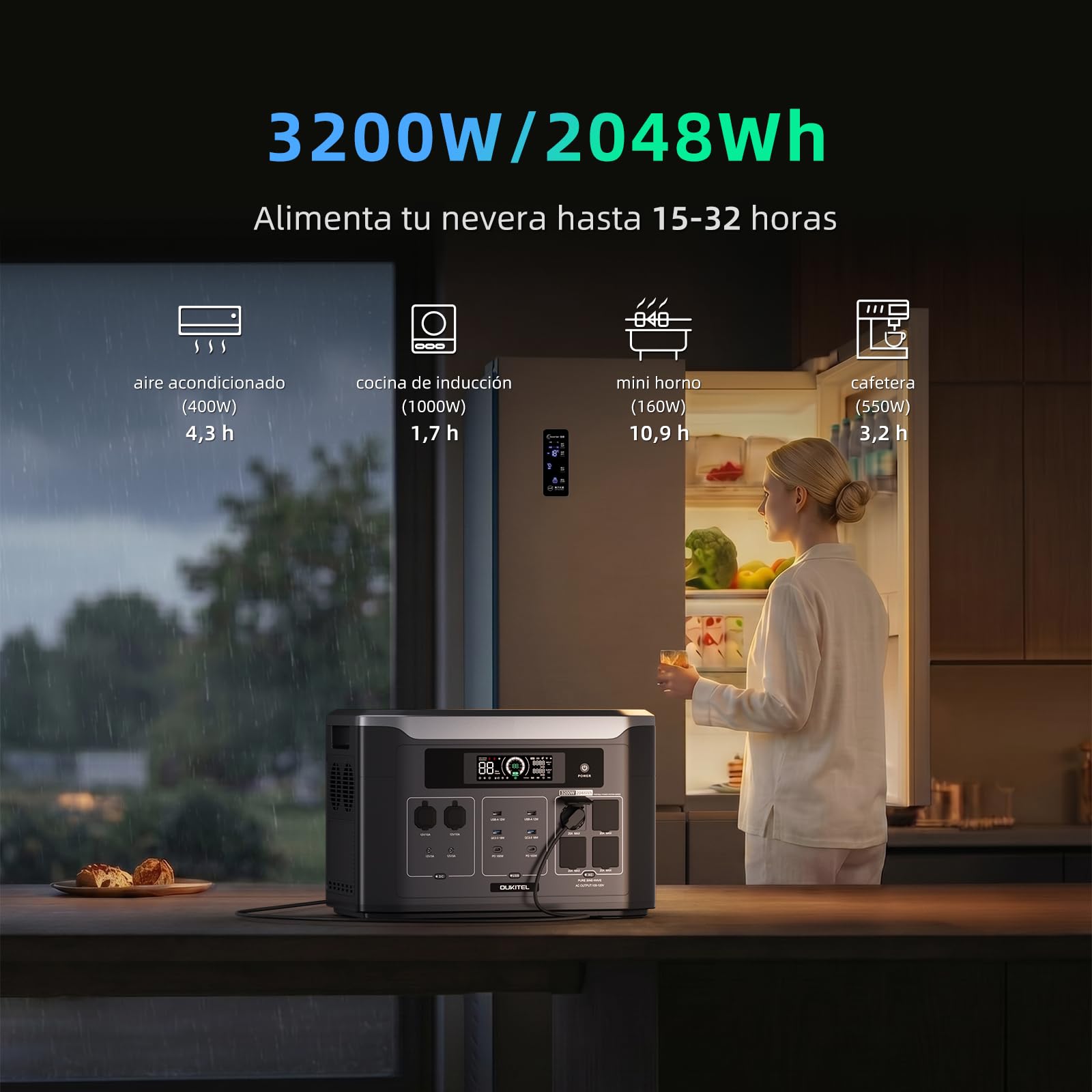OUKITEL BP3000E Estación de Energía Portátil 3200W, Batería LiFePO4 de 2048Wh (Expandible a 16384Wh),Generador Solar para Emergencias en el Hogar, Power Station con Panel Solar para Camper