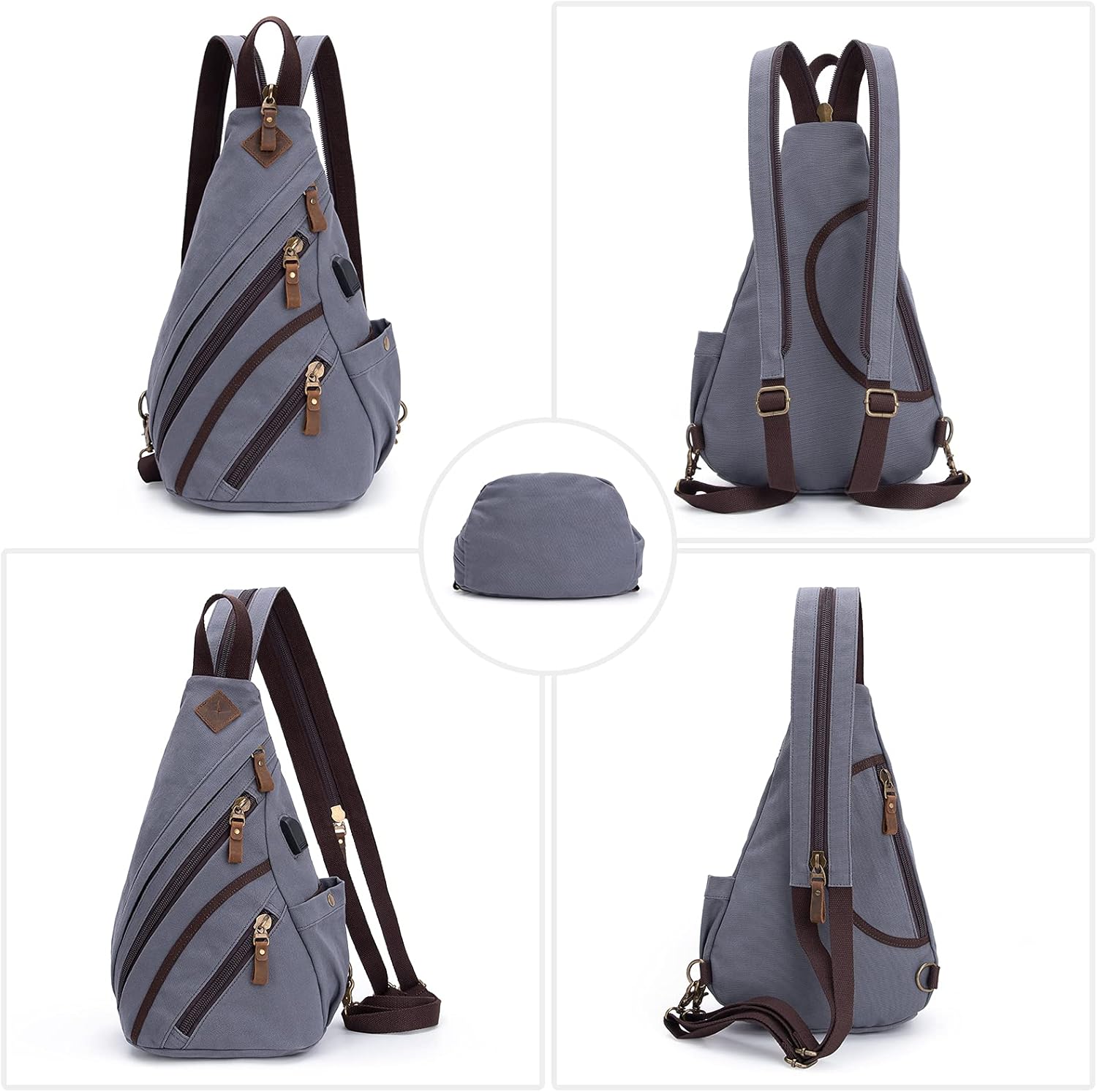 DAVIDNILE Canvas Sling Bag Crossbody Backpack Genuine Leather Shoulder Bag Casual Daypacks For Men 0068-ash