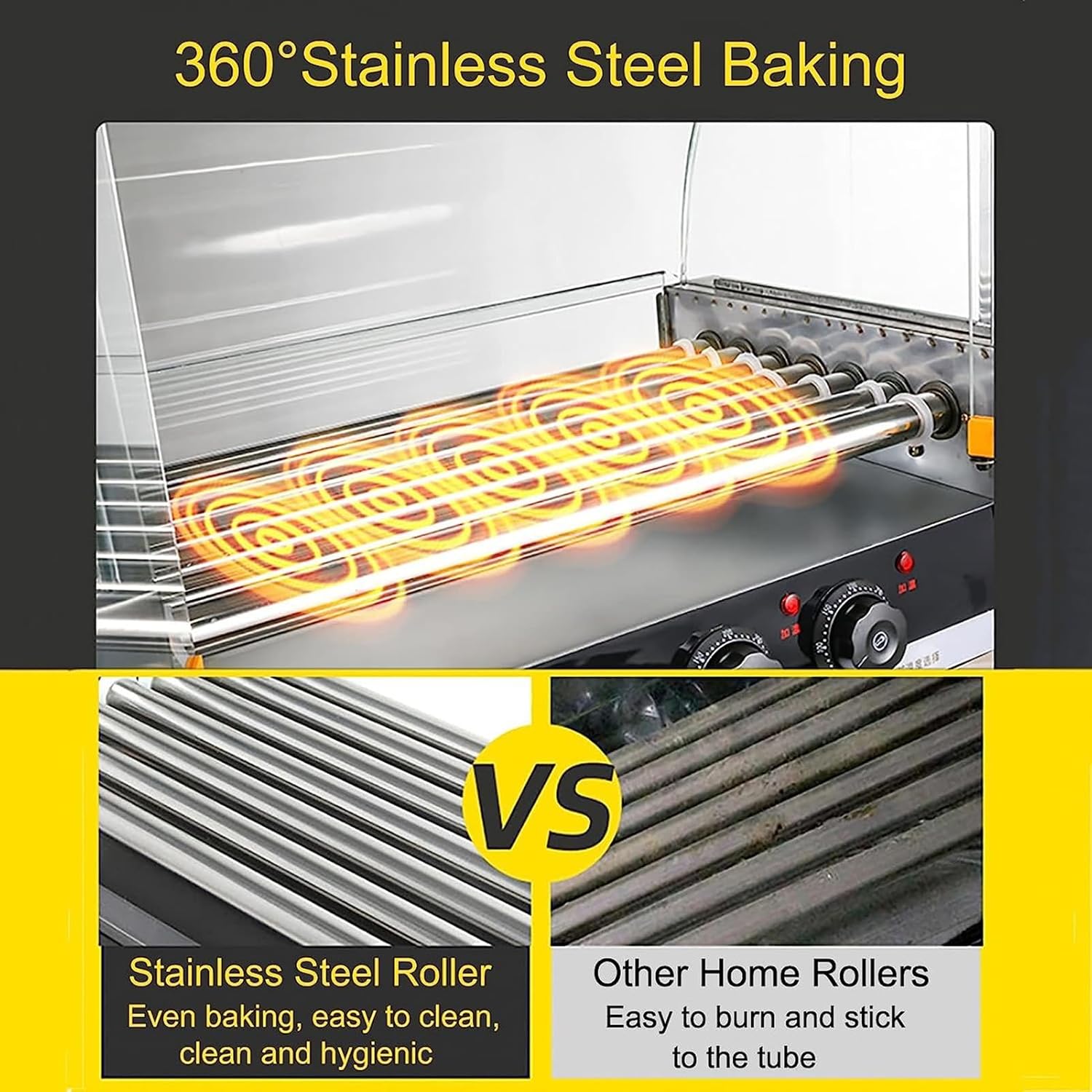 Hot Dog Roller Machine, Sausage Grill Cooker with 5 Stainless Steel Rollers, 16 Max, with Removable Drip Tray, Glass Hood Cover and LED Lights, 1000-Watts(Without door)