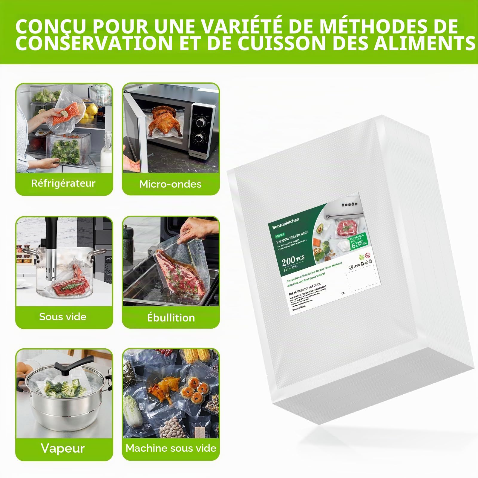 Bonsenkitchen Sacs sous vide prédécoupés 20,3 x 30,5 cm, 946 L, sans BPA, sacs sous vide texturés de qualité commerciale, épais pour le stockage et la cuisson sous vide VB3208