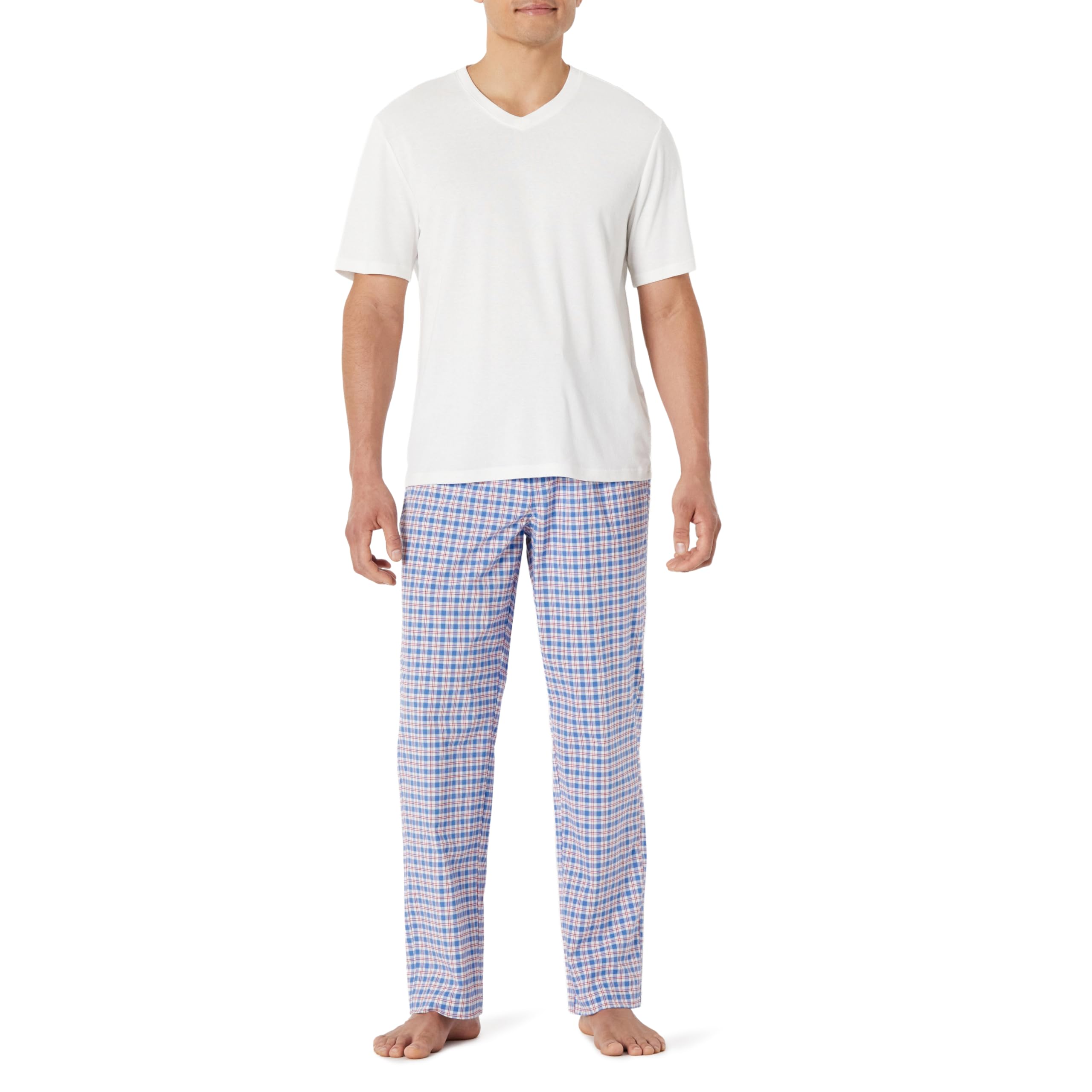 Amazon Essentials Herren Schlafanzug Hose aus Baumwollpopeline T-Shirt aus Baumwolljersey