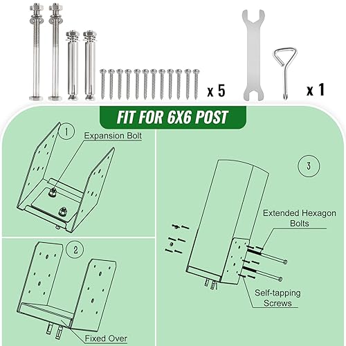 Miniatura 6 de Base de poste de 6 x 6 pulgadas, 5 anclajes de poste de acero inoxidable (tamaño interior 5.71 x 5.2 pulgadas), soporte de poste ajustable para