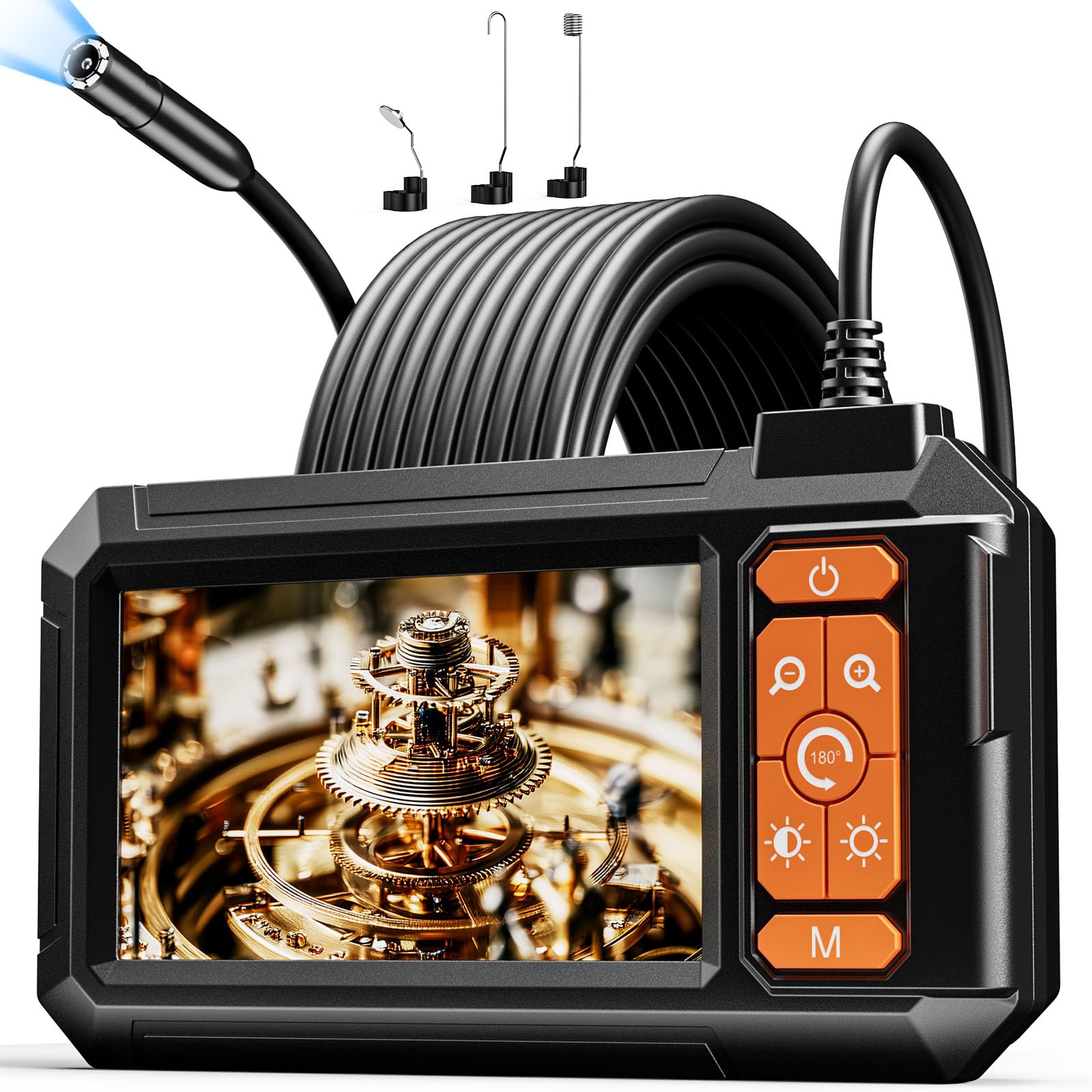 Endoskopkamera mit Licht, Endoskopkameras mit 4,3 Zoll IPS 1920P HD Inspektionskamera IP67 wasserdicht mit 8 verstellbaren LEDs, 4,5 m, halbstarres Kabel, Endoskope für Abflussrohre, coole Gadgets