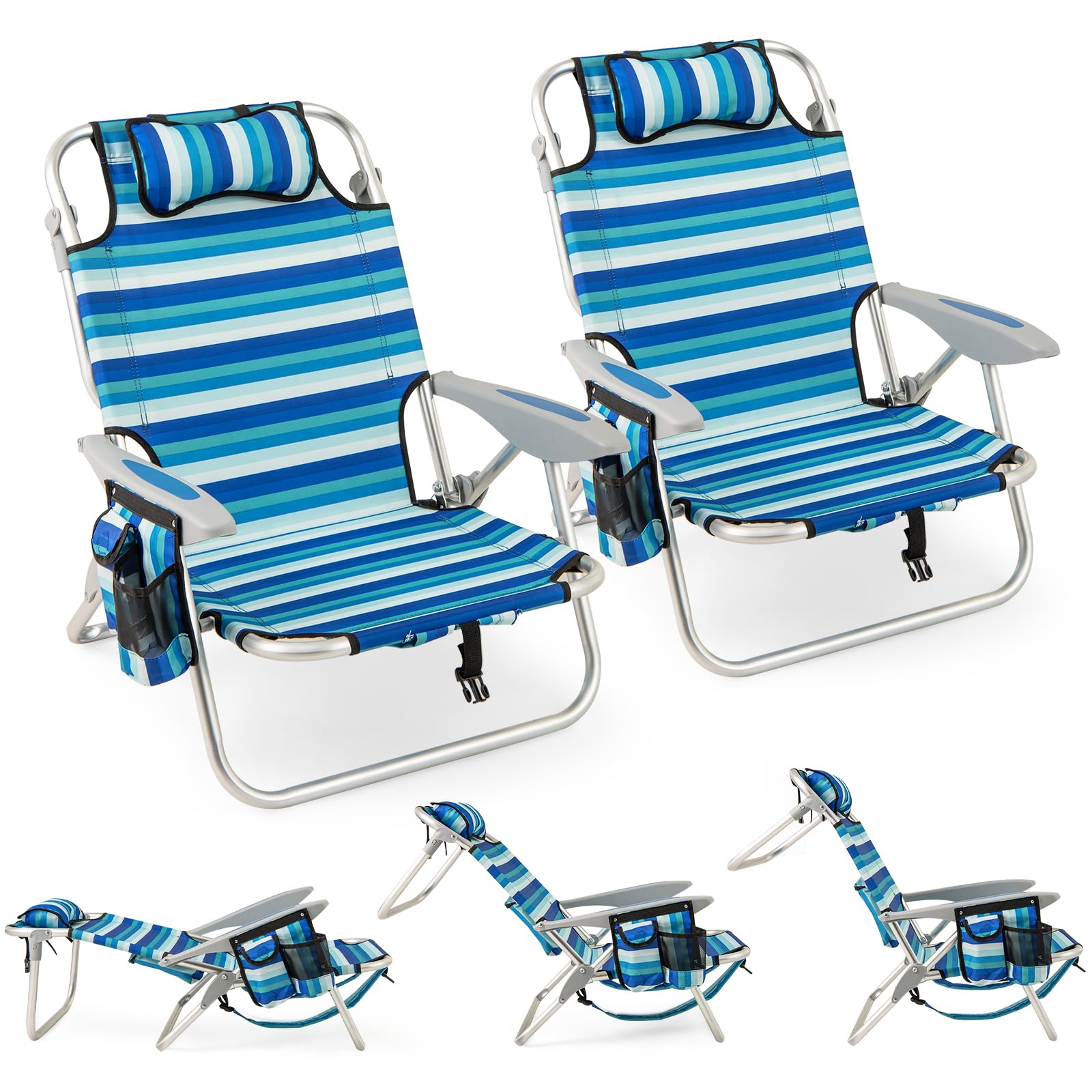 KOMFOTTEU Sedia da spiaggia pieghevole, sedia da campeggio con schienale regolabile, poggiapolsi, tasche e braccioli, sdraio da esterno portatile per picnic, pesca (2)