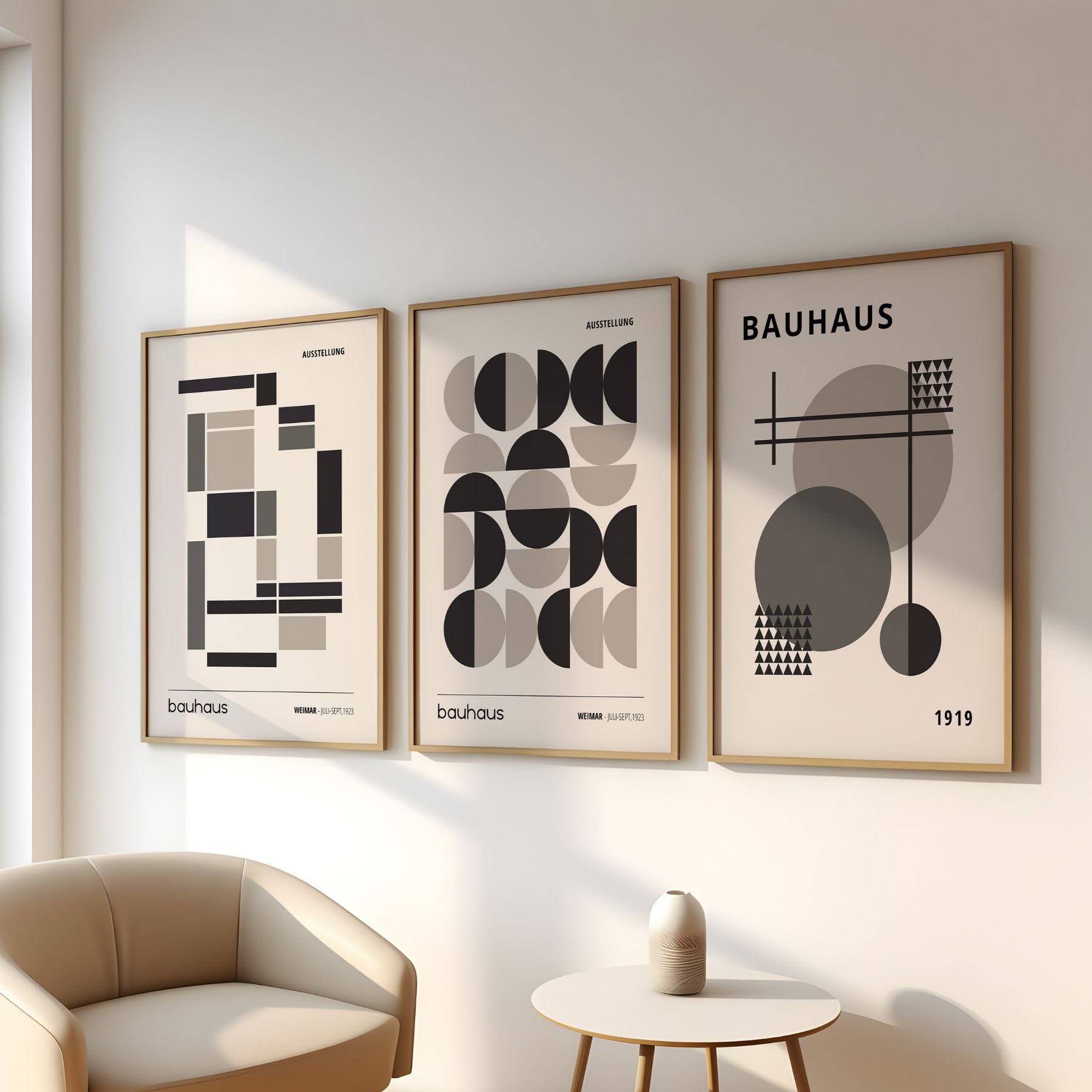 ARTINSPIRIO Neutral Bauhaus Lot de 3 posters – Tableaux muraux géométriques de style milieu du siècle – Art mural minimaliste – Poster sans cadre (A3)