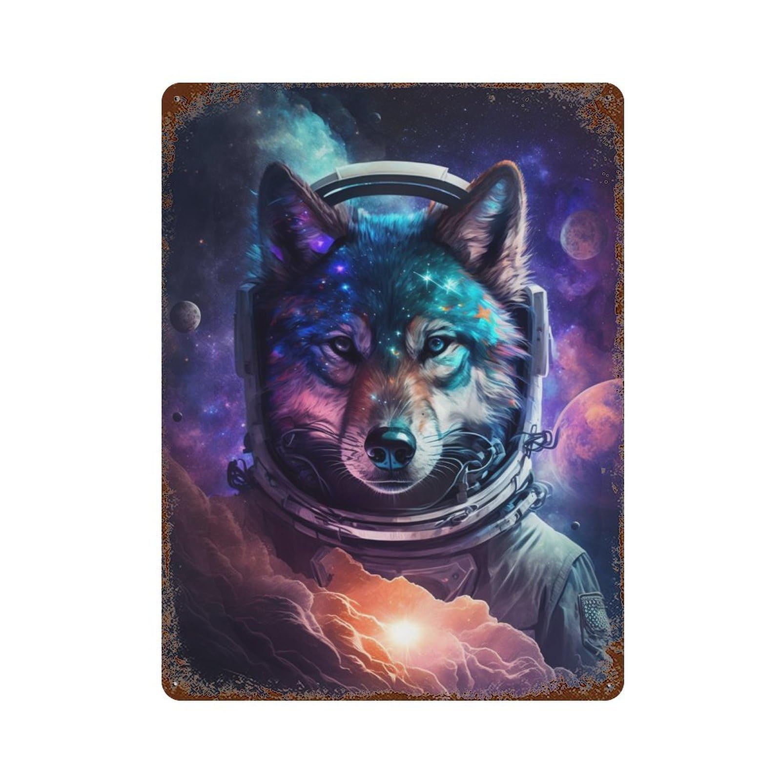 Cosmic Wolf Astronaut Art Print-3 Retro Metal Sign 15.7"x11.8", Shabby Chic Decor for Bistro, Counter And Cafe Decor
