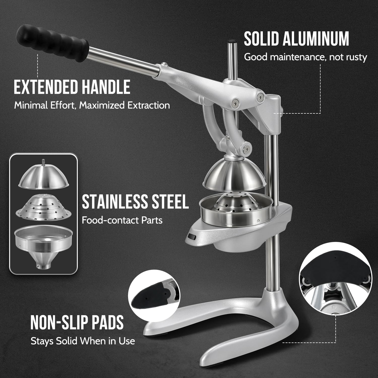 Sopito Spremi Melograno Manuale, Spremiagrumi Manuale Acciaio Inox, Spremiagrumi a Leva per Arance, Limoni, Melograno, Pompelmi, Argento
