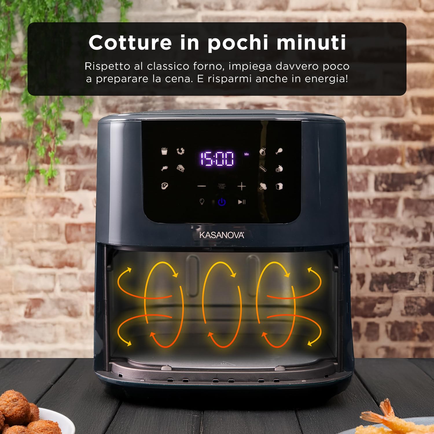 KASANOVA Friggitrice ad aria display digitale 12 programmi, capacità 5 L con finestra trasparente, cottura leggera senza olio e fumo, 1500 W (Blu)