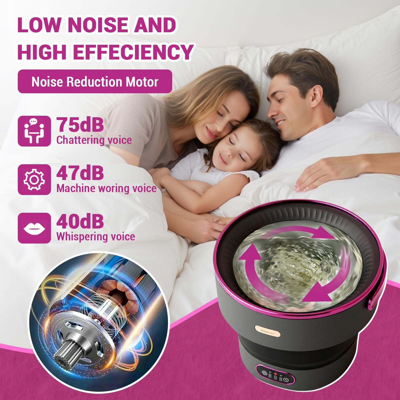 Silenziosa e Compatta - Mini Lavatrice Pieghevole 13L con Centrifuga, 3 Modalità, Portatile per Campeggio, Viaggi, Baby e Intimo - Nero Viola EU Plug