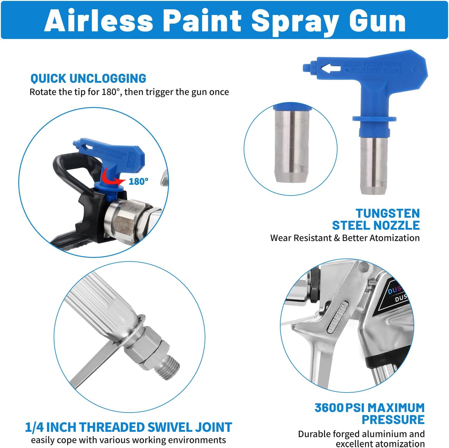 DUSICHIN Airless Paint Primer Spray Gun High Pressure 3600PSI Reversible 517 Tip Guard Swivel Joint 10 inches Extension Airless Paint Sprayer Accessories for Graco Titan Airless Paint Sprayer DUSX80