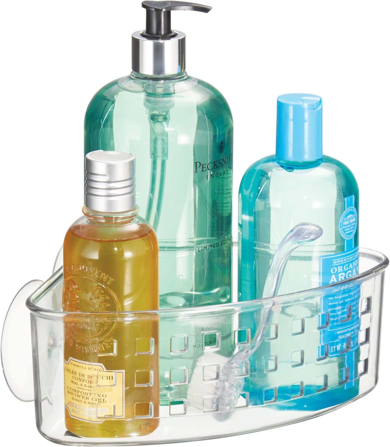 iDesign Basic Corner Shower Basket, Plastic Shower Basket with Suction Cups, Clear