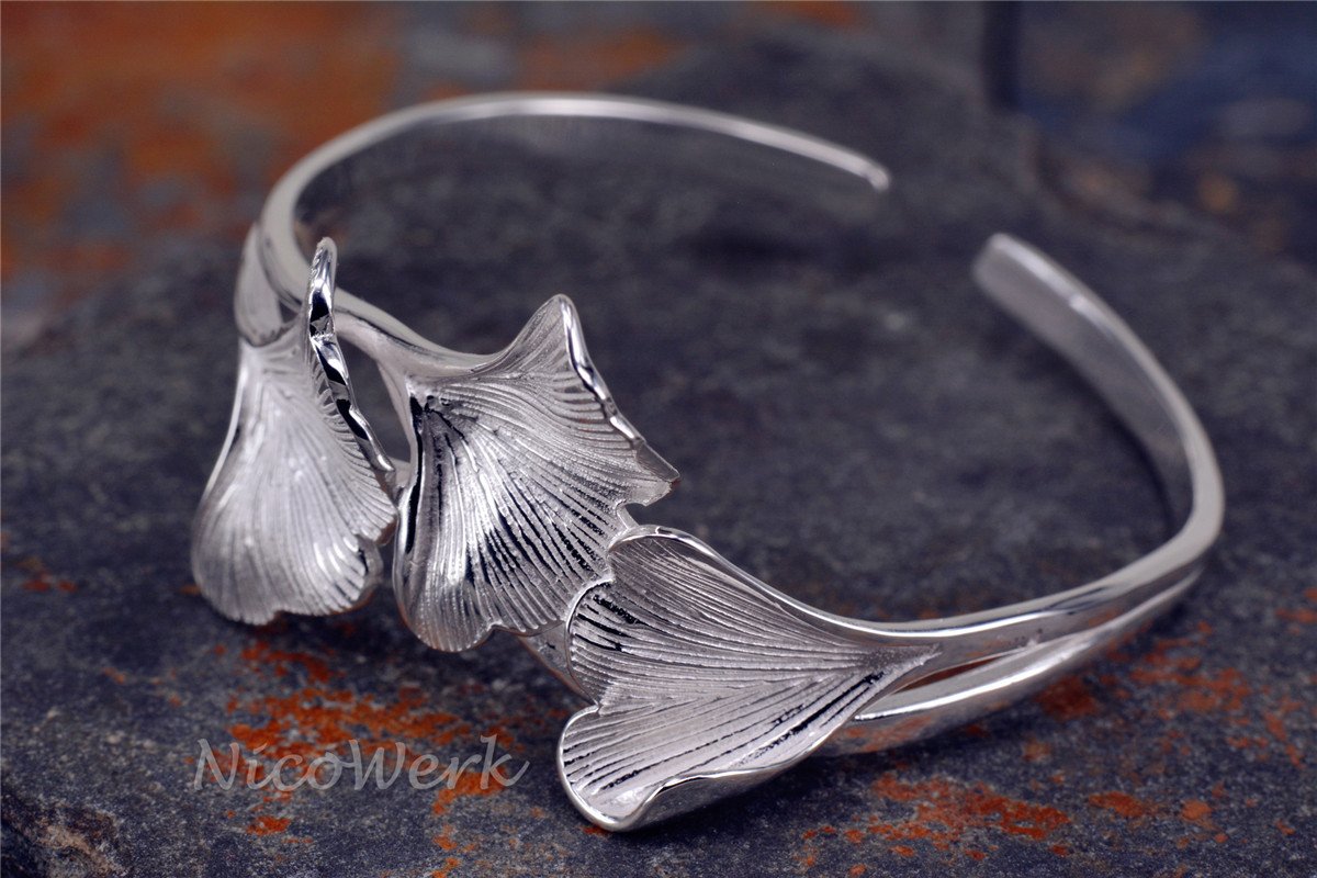 NicoWerk Silber Armreif Ginkgo-Blatt Ginko Natur Breit Matt Glatt Armspange Armband 925 Damen Schmuck Geschenk Sterling SAR117