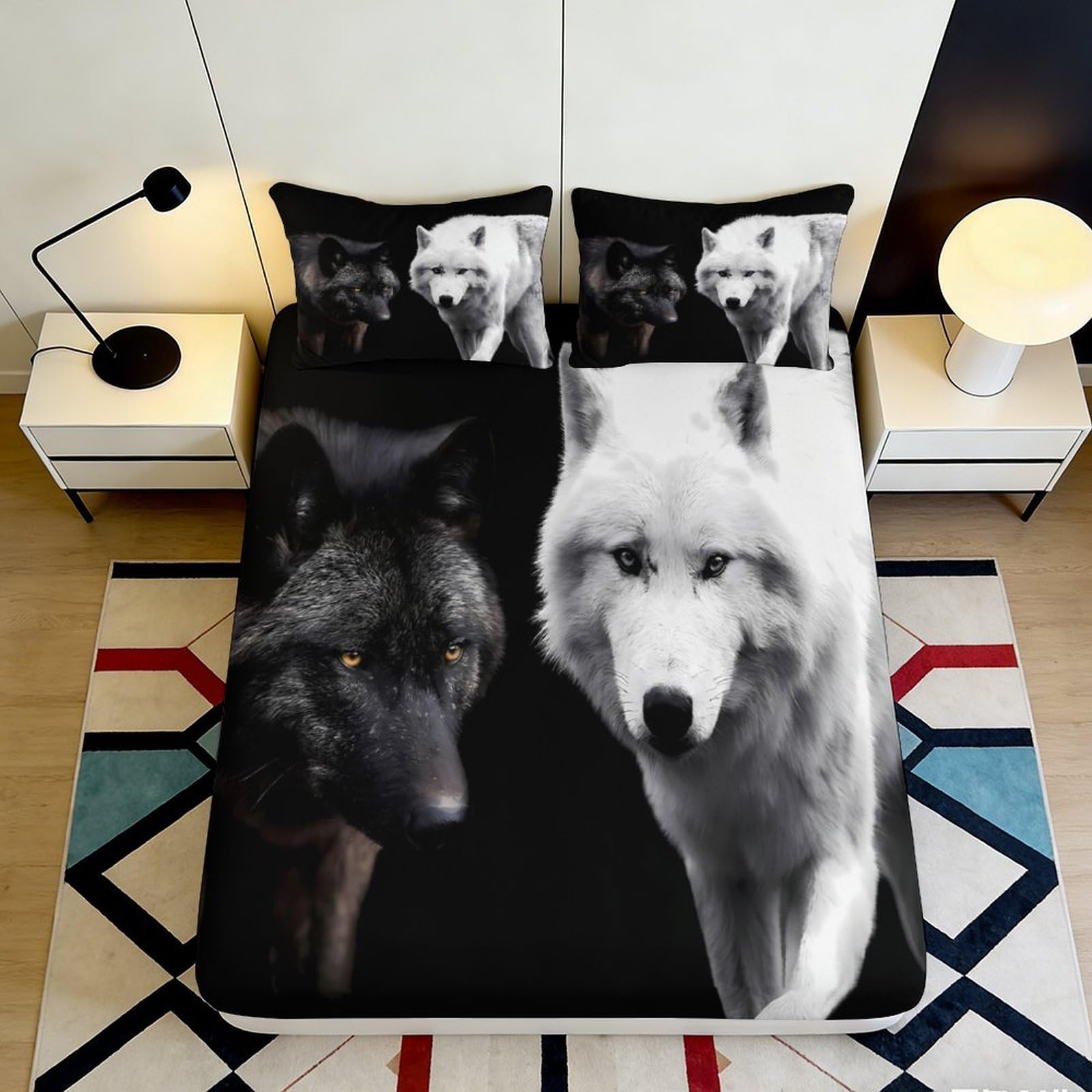 Uynsixtme Style-5 3D Printed Wolf Fitted Sheet Microfiber Deep Pocket Non-Slip Bedding Wolf Mattress Fitted Cover Full Wrap Bedroom Use 90X200x25cm