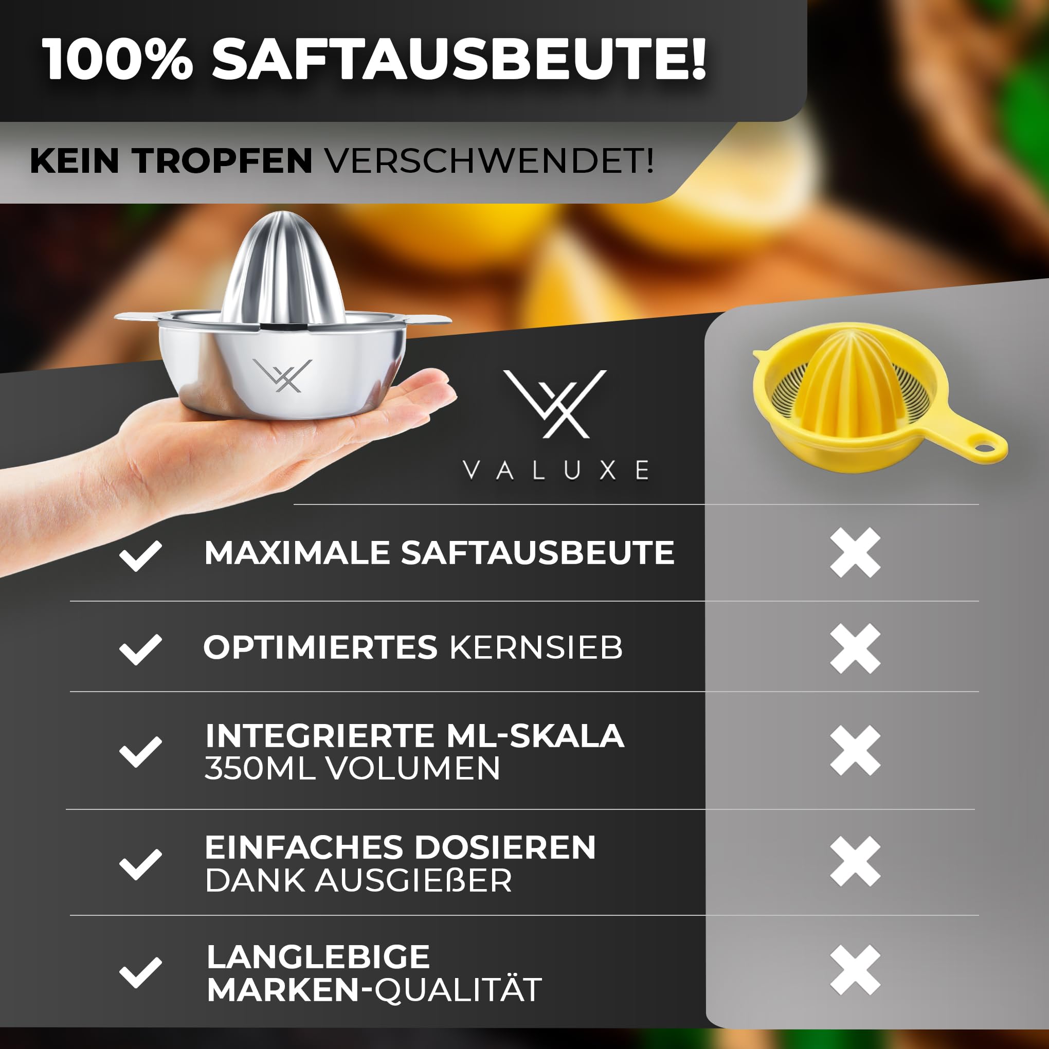 VALUXE® Premium Zitronenpresse Edelstahl - Zitruspresse für Zitronen, Limetten & Orangen mit 350ml Behälter - Manuelle Limetten-Presse, Lemon Squeezer spülmaschinengeeignet