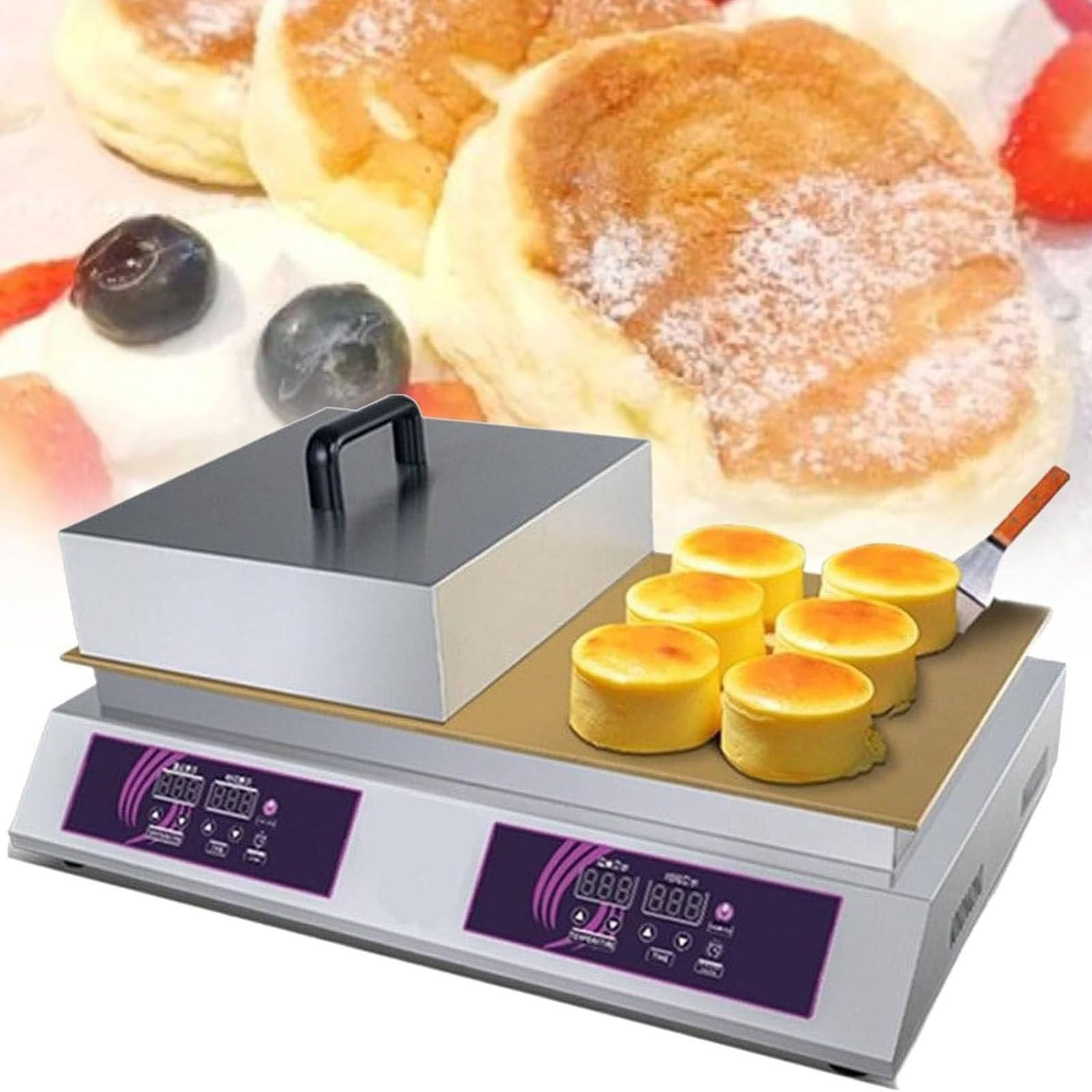 PixCy Electric Fluffy Pancake Maker,Nonstick Souffle Dorayaki Baking Machine, Temperature Control 0-260°, Multipurpose for Muffin Cupcake Puff Pastry Waffle Commercial Kitchen Doublehead
