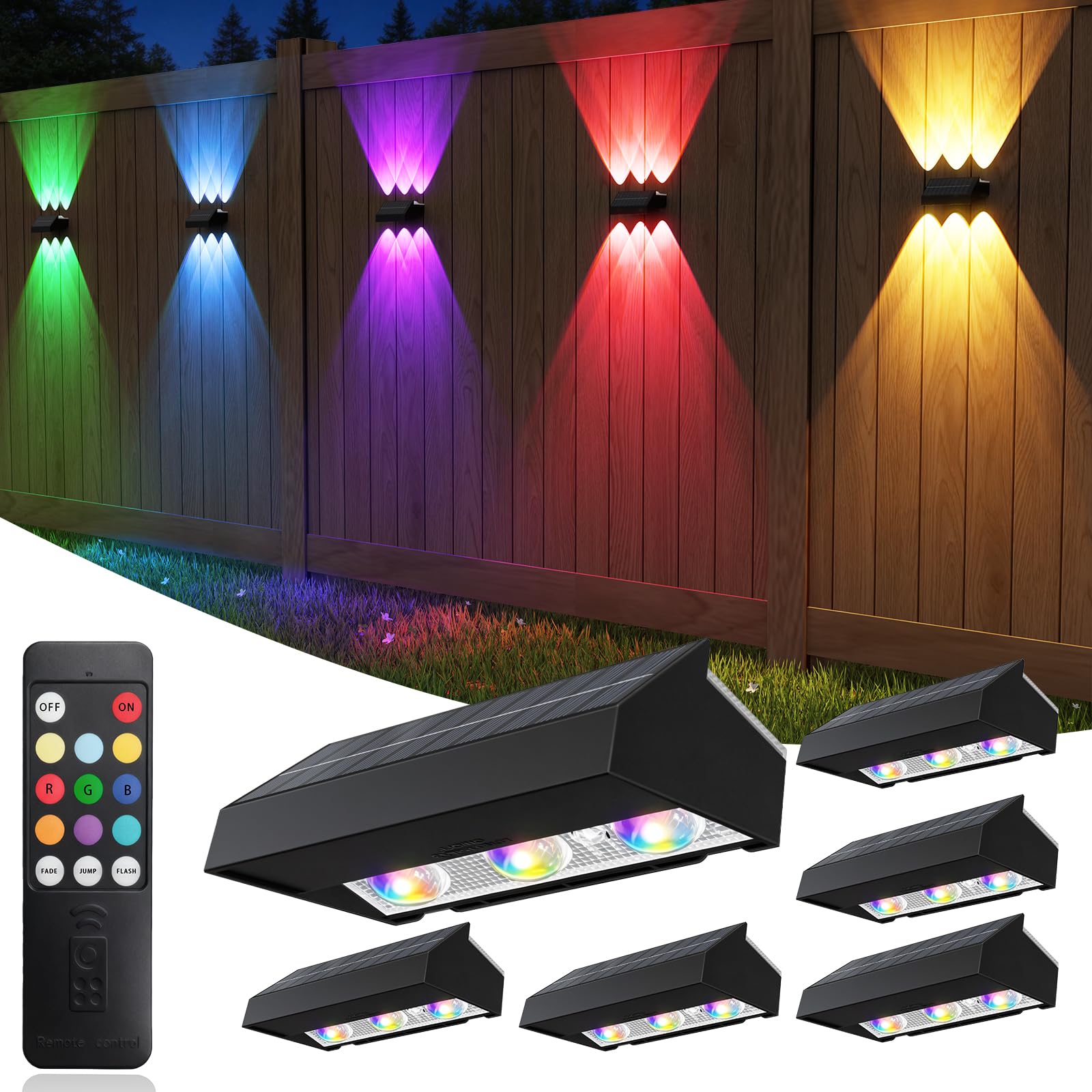 ZCXLIGHT Solar Fence Lights Outdoor Garden – Up & Down RGB & Warm White Solar Wall Lights, IP65 Waterproof, Long Runtime, 6 LED Beads, Dusk-to-Dawn – 6 Pack for Patio, Deck, Yard, Fence