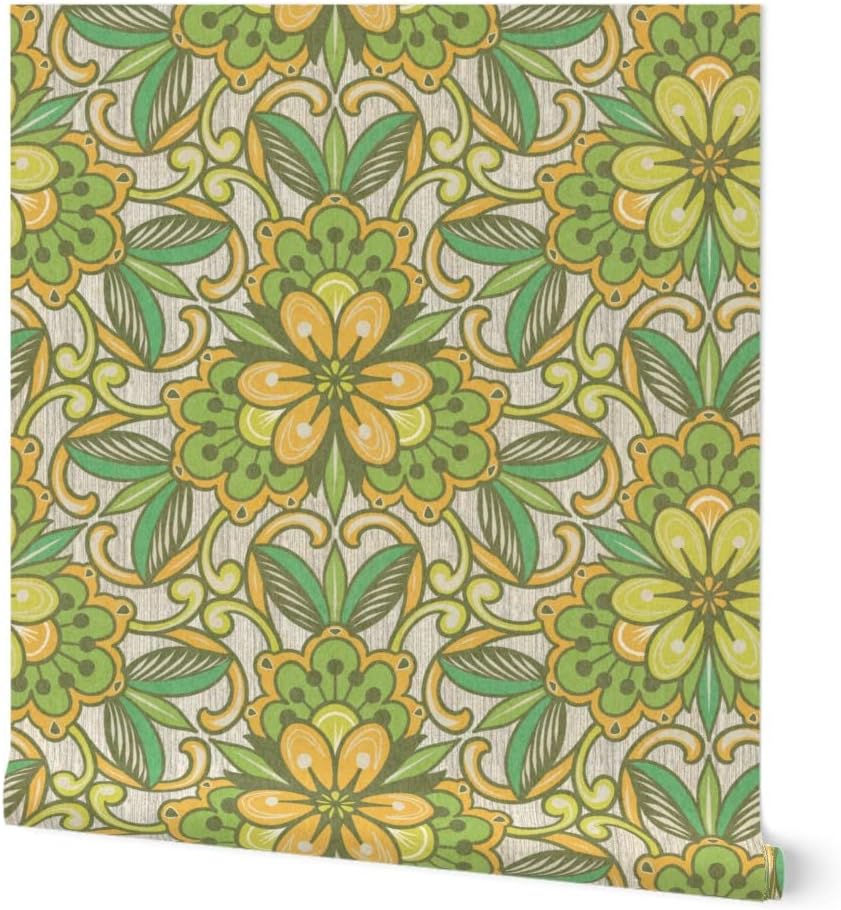 Spoonflower Peel & Stick Wallpaper 3ft x 2ft - Vintage Floral Retro Orange Faded Green 70s 60s Custom Removable Wallpaper