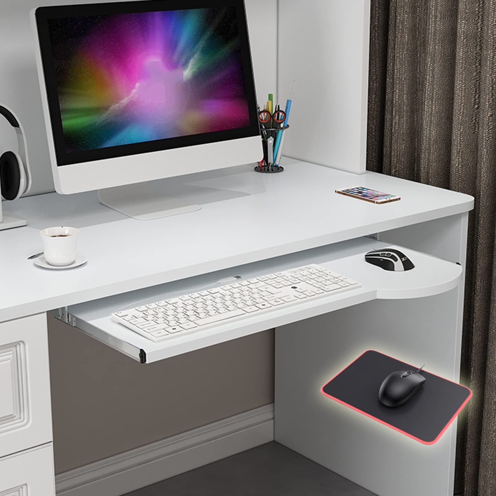 CVJdfhRE desk extender， Wooden Keyboard Tray Under Desk Sliding, with Mouses Pad, Slide-Out Drawer for Support and Mouse(White,70 * 26Cm/28 * 10Inch)