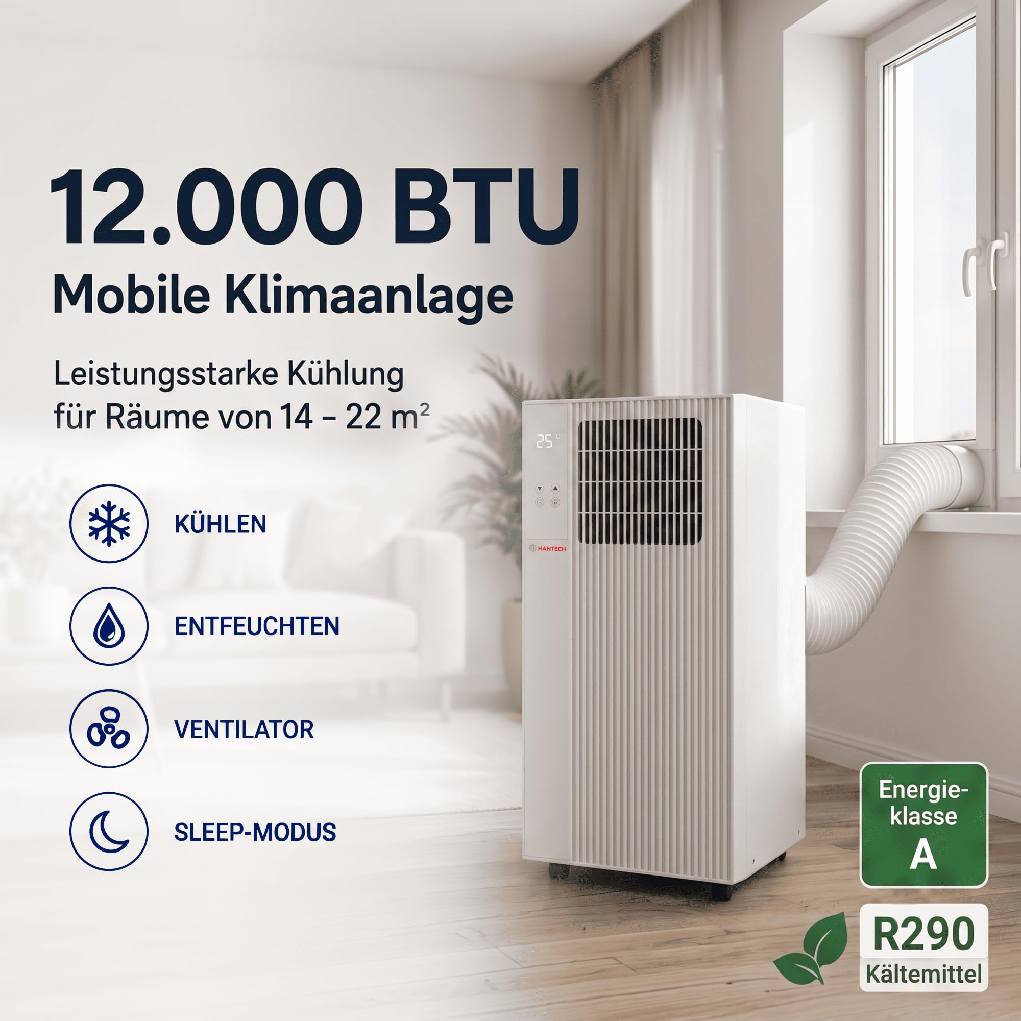 Hantech Mobile Inverter Klimaanlage 12000 BTU mit Abluftschlauch 3,5 kW | 3in1 Inverter Klimagerät zum Kühlen & Entfeuchten für 14-22m² Räume. Sparsame Energieklasse A mit Timer & Fernbedienung.