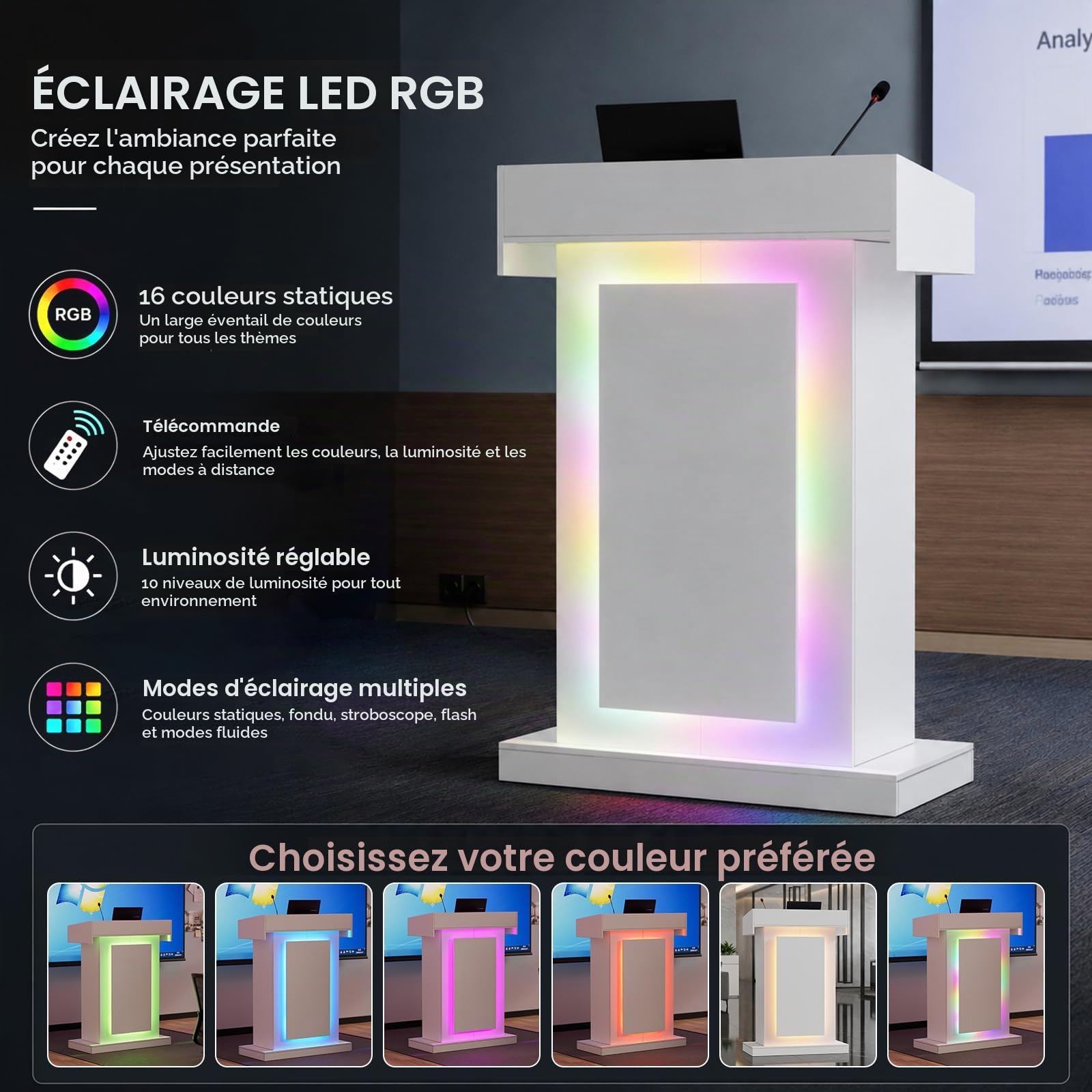 Pupitre de Conférence, Lutrin / pupitre debout Comptoir d'accueil Professionnel Bureau d'accueil avec LED à 16 couleurs de Stockage pour Présentation Réception Bureau École Église Restaurant, Blanc