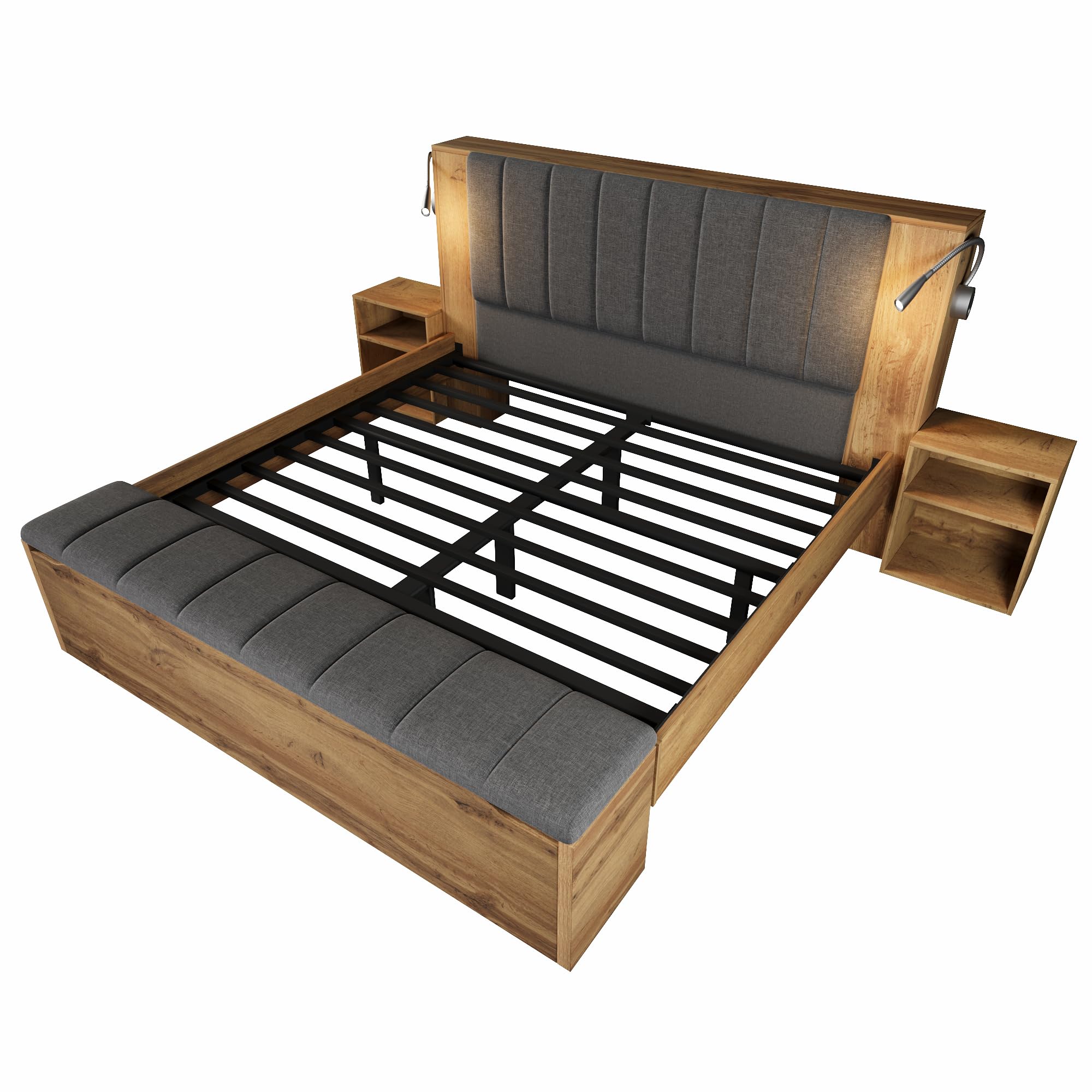 Letto matrimoniale 160x200 con testiera ribaltabile rivestita in tessuto di lino, Letto Industrial con 2 comodini e panca con contenitore, lampade da lettura con USB, Legno Rovere (Senza Materasso)