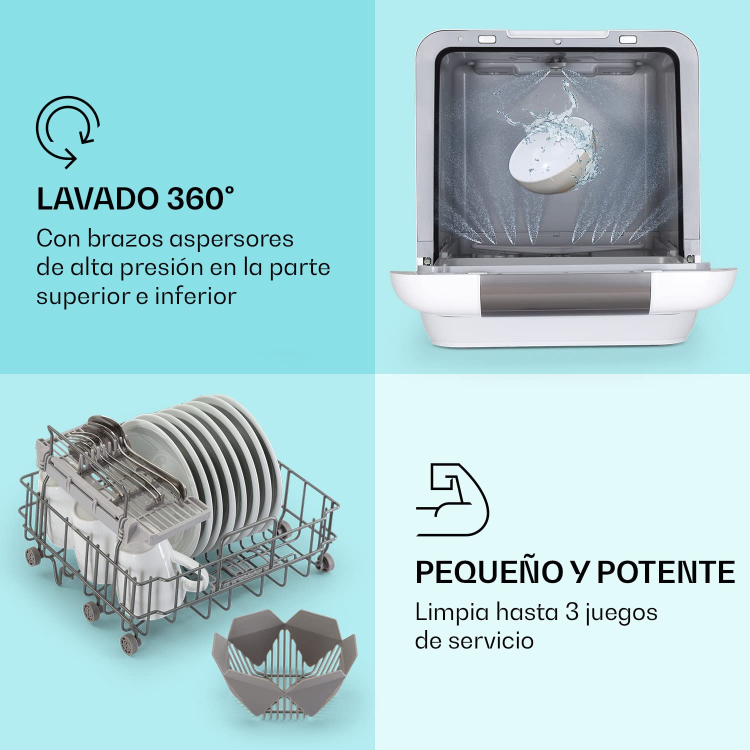 Klarstein Lavavajillas Pequeño de Sobremesa, Mini Lavavajillas 3 Cubiertos, Portatil Silencioso para Encimera, 7 Programas de Lavado, Compacto para Casa, Sin Fontanería