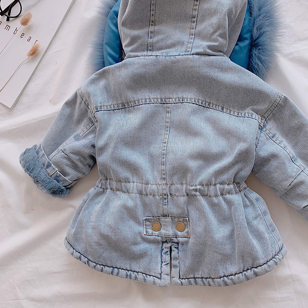 Enfants Fille Manteau dn Denim Manches Longues à Capuche avec Col Fourrure Veste en Jean Rembourré Blouson de Fille Chaude d'hiver avec Fermeture éClair pour Âge 1-6Ans