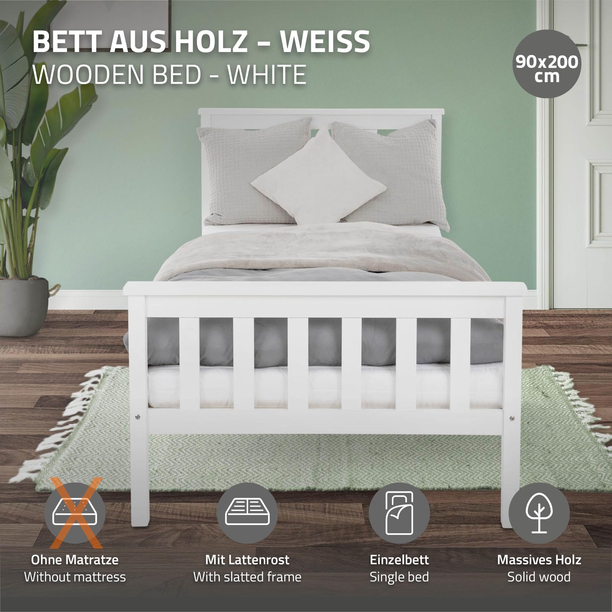 ML-Design Letto Singolo in Legno di Pino Massiccio 90 x 200 Colore Bianco, con Telaio Rete a Doghe Testiera e Pediera, Lettino per Bambini, Giroletto per Ragazzi e Adulti, Struttura Solida