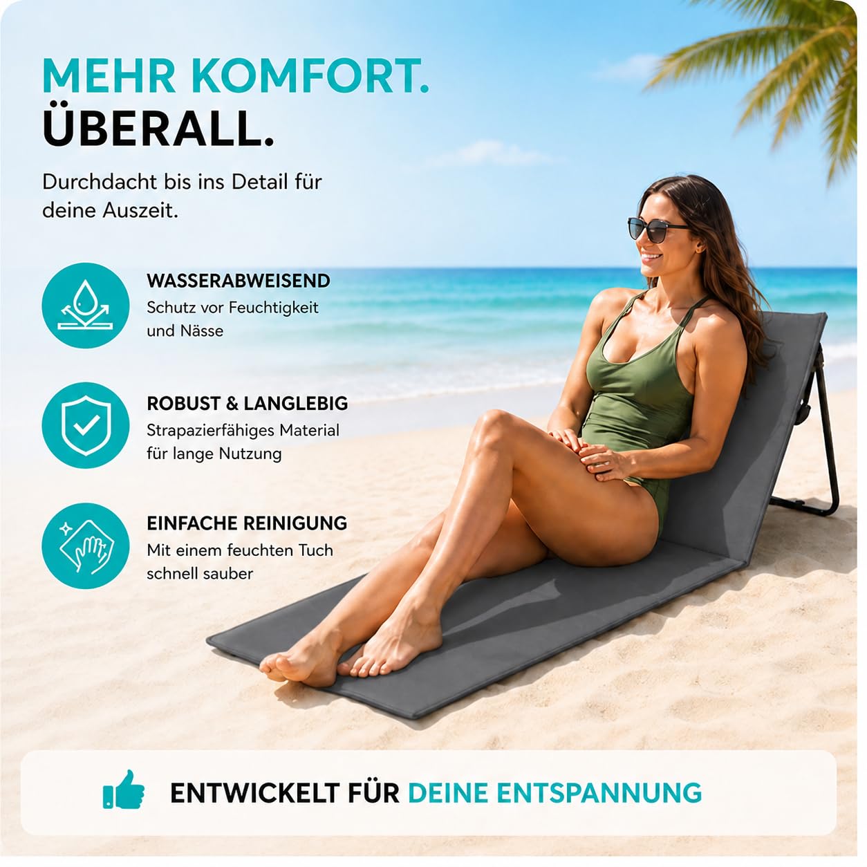 Intimo Living 2er Set Strandliege klappbar leicht – Bequeme Strandmatte mit Rückenlehne – Strandliege faltbar leicht mit Tasche – Verstellbarer Liegestuhl für Strand & Freibad (Grau, 152x51cm)