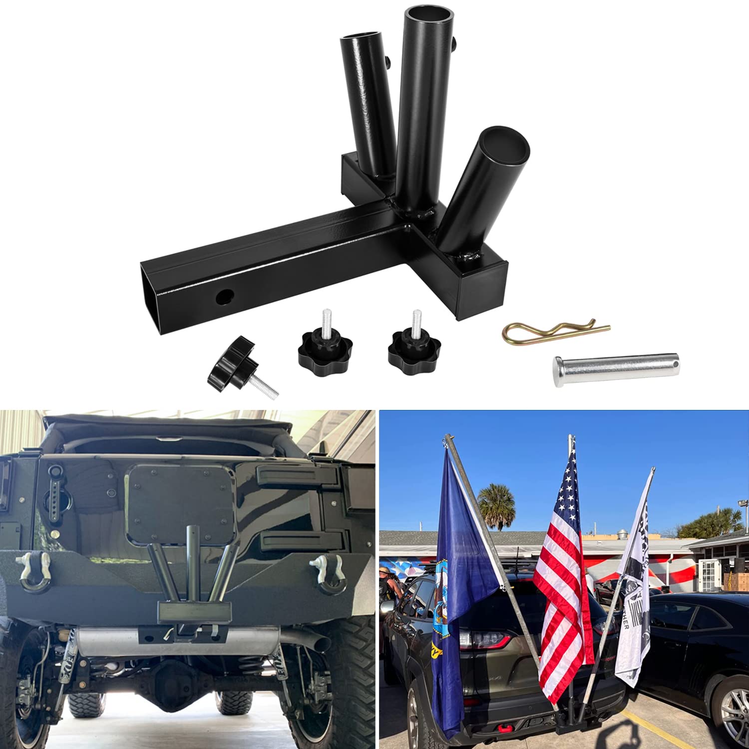 Universal Hitch Mount 3 Flag Pole Holder for Jeep SUV RV Pickup Car