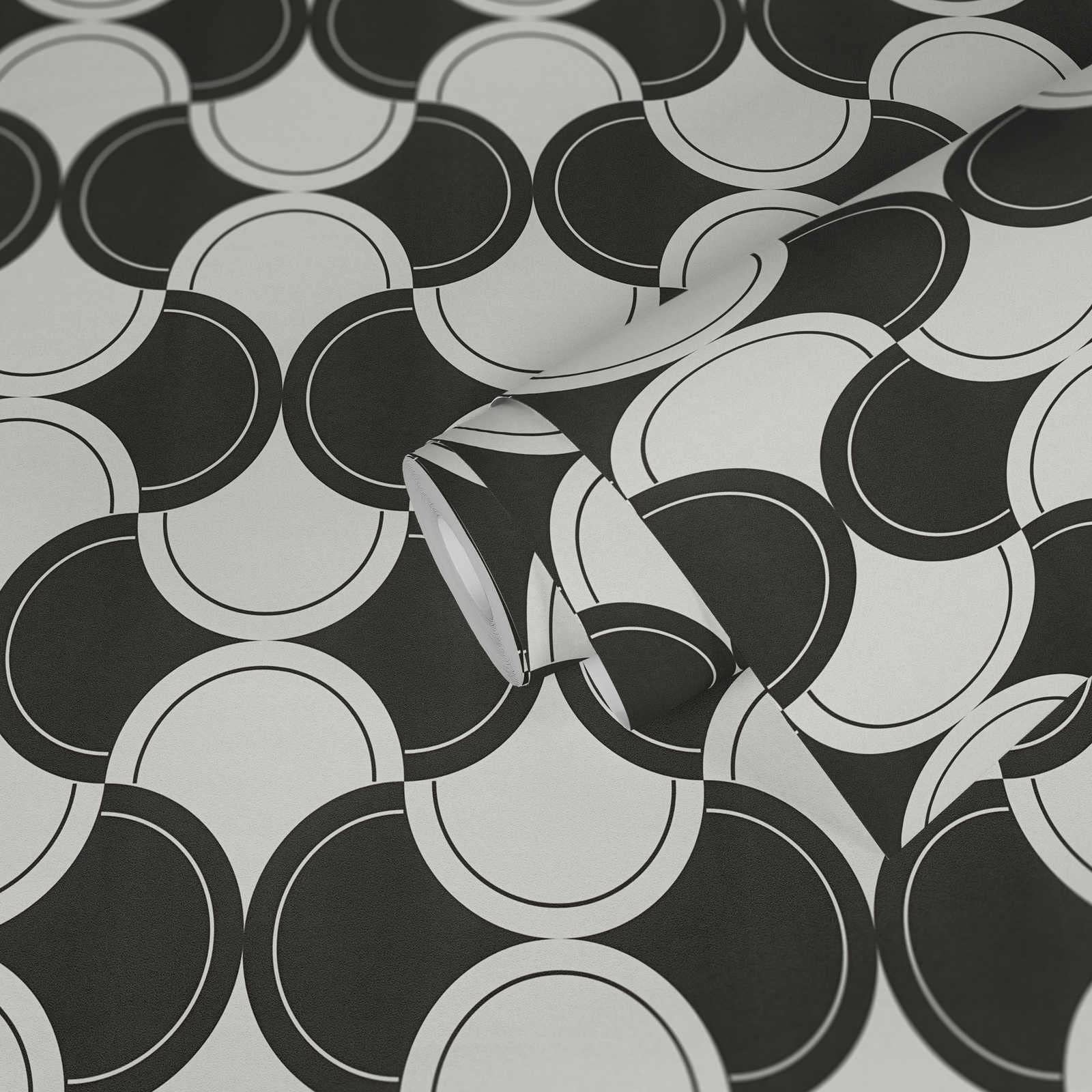 Tapeta w stylu retro w stylu lat 70., tapeta na fizelinie czarno-biała, geometryczny wzór koła | 10,05 x 0,53 m