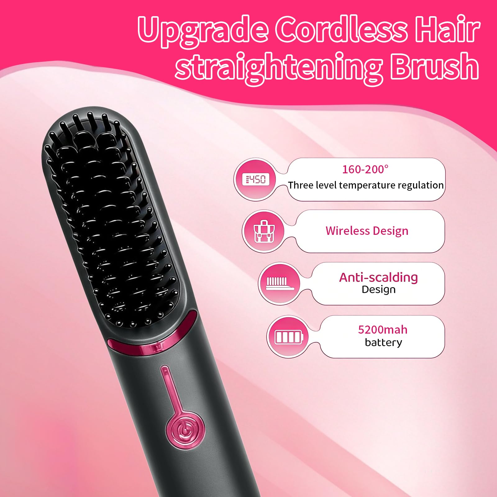 Brosse Lissante pour Cheveux, Lisseur Cheveux Céramique, 2026 Portable Sans Fil PTC Chauffage Lisseur, 3 RéGlages De TempéRature, Céramique Anti-BrûLure, pour Voyage & Powerbank (Gris) - 2