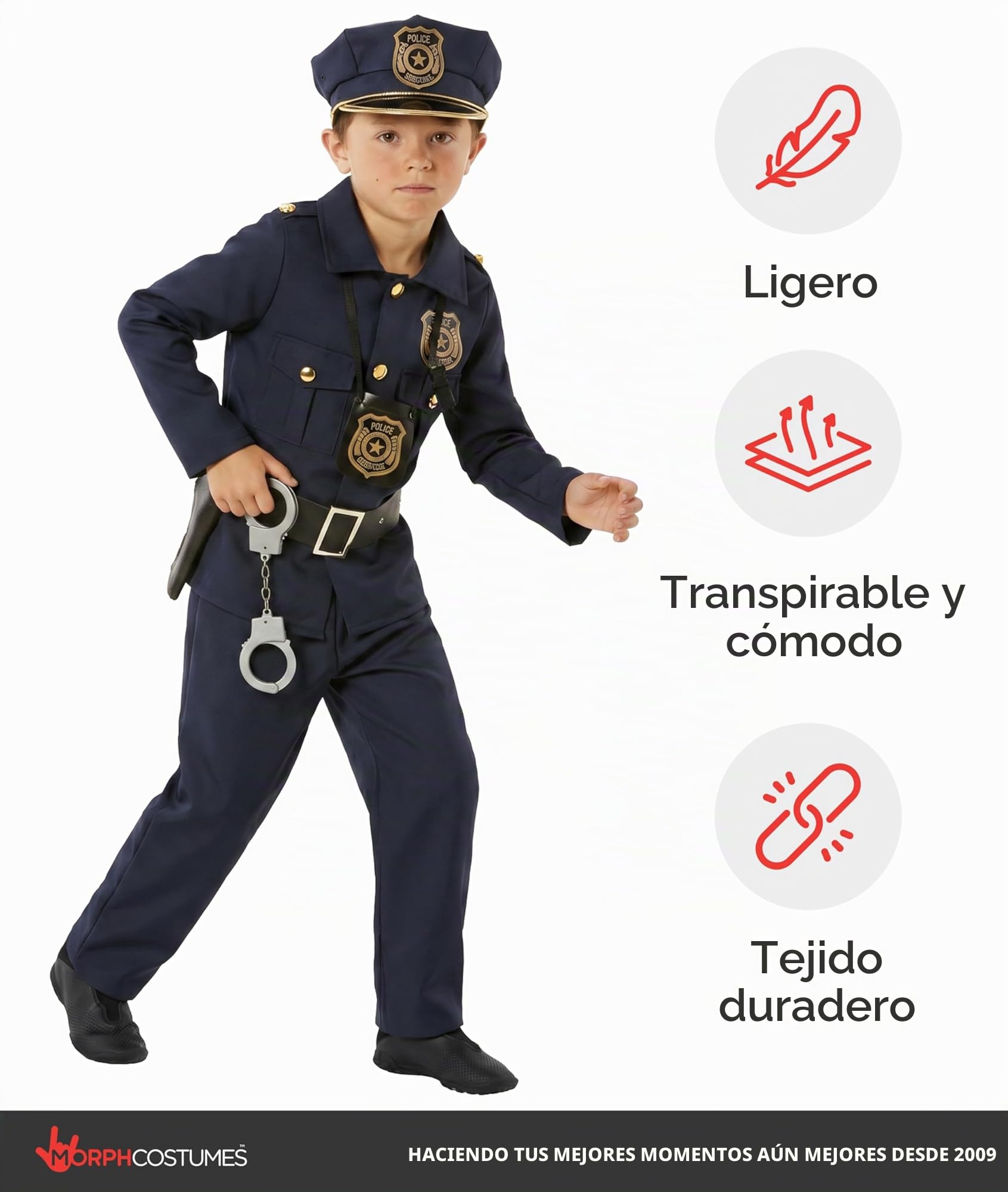 Morph Disfraz Policia Niña, Disfraz de Agente Halloween Niña | Camisa, Pantalón, Gorro & Accesorios de Juguete, Estilo Policía, Perfecto para Halloween, Ideal para Juegos de Rol