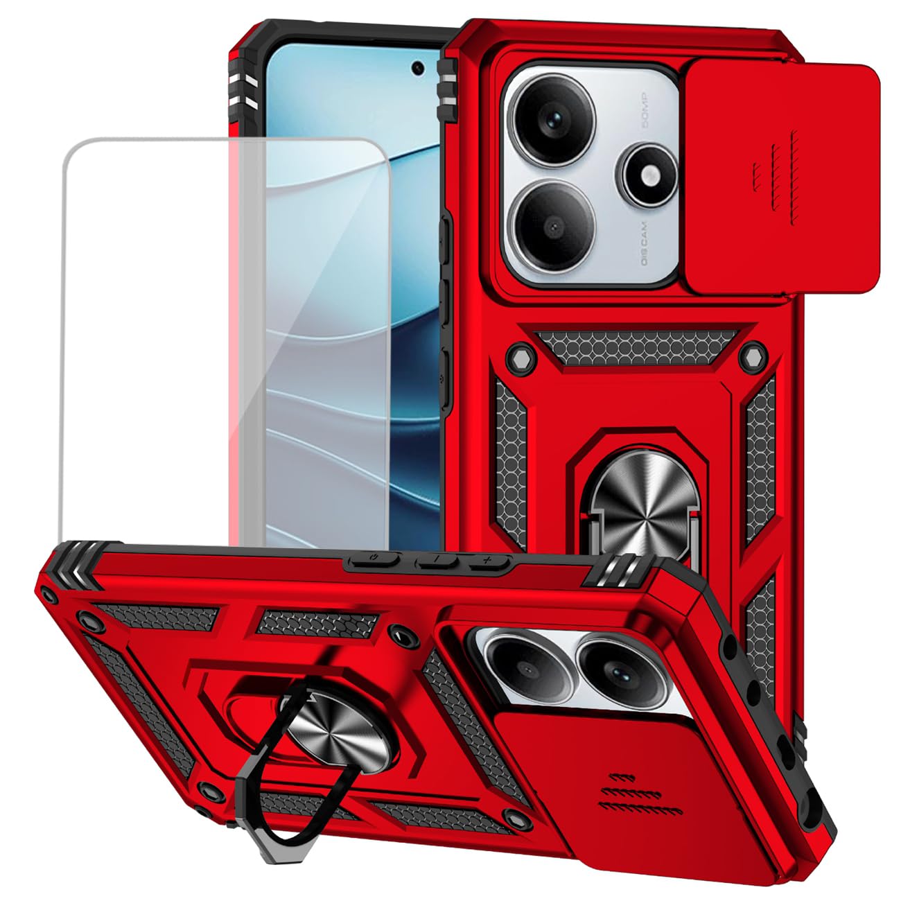 Yodueiv for Xiaomi Redmi Note 14 5G Case with Tempered Glass Screen Protector and Slide Camera Cover, Magnetic Ring Car Mount Holder Kickstand