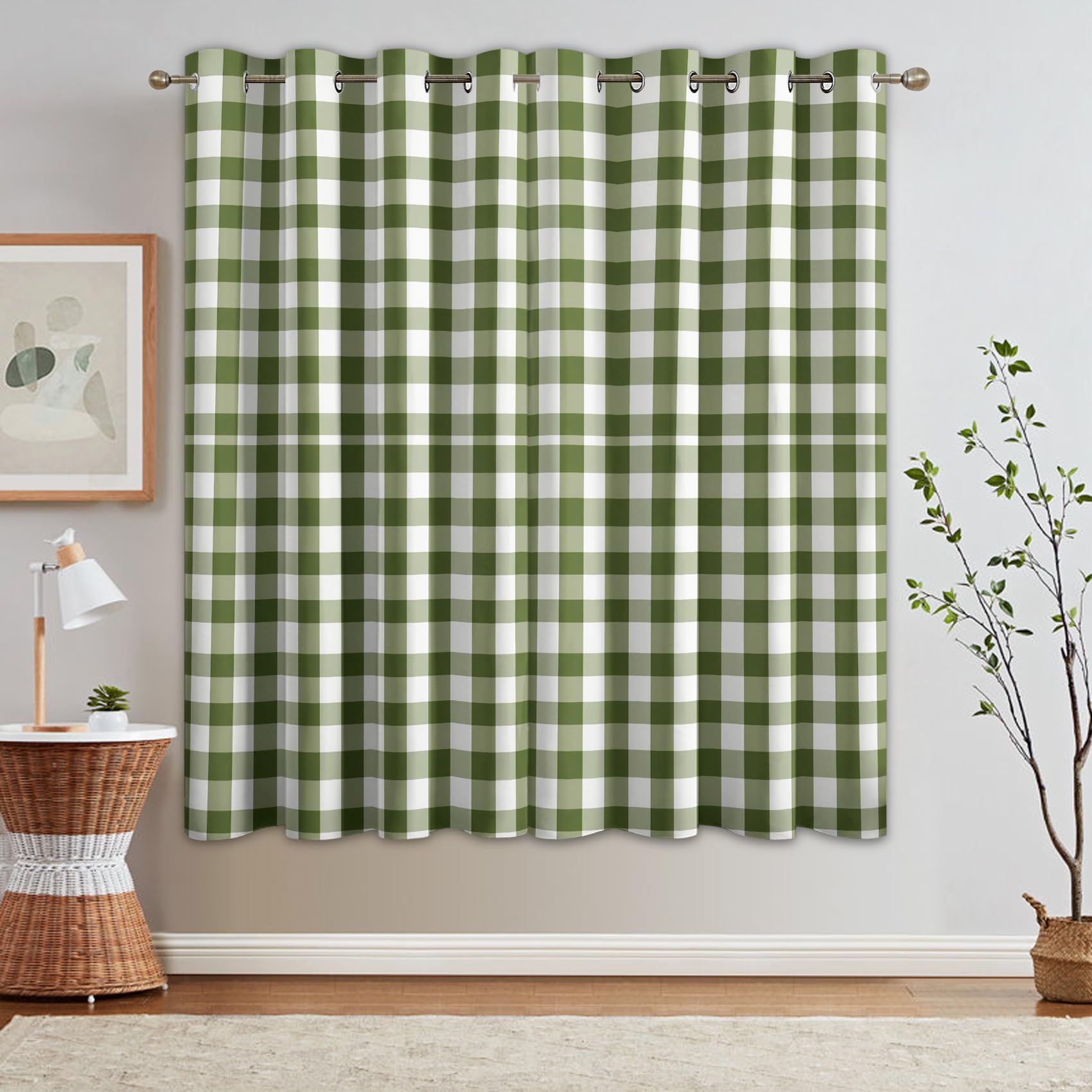 Kariert Grün Vorhänge Mit ösen Blickdicht, Olivgrün Tartan Vorhang Schlafzimmer Wohnzimmer Küche 110 x 215 cm Lang, Übergardinen Innen Verdunklungsvorhänge