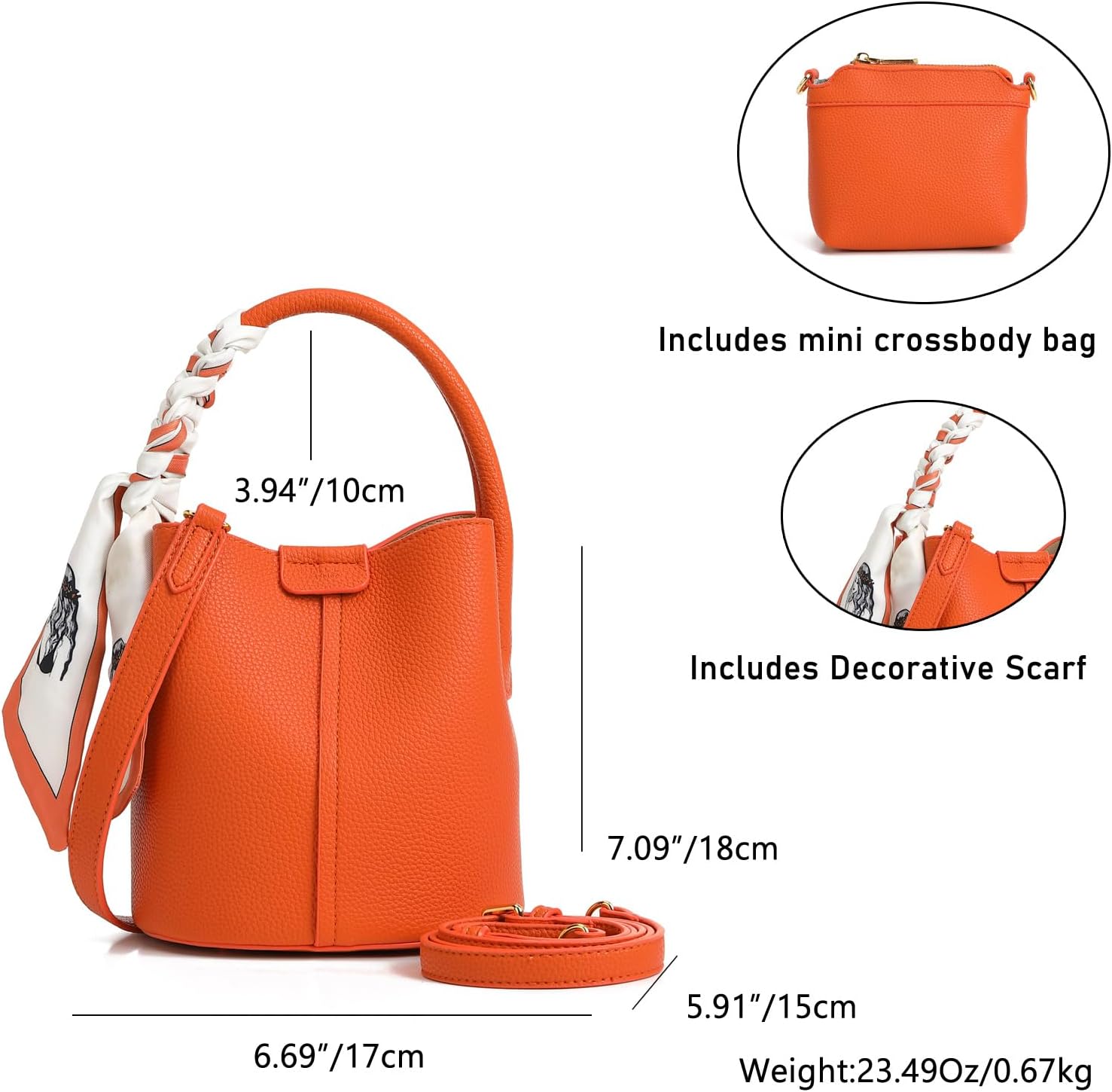 Women's small crossbody bag made of synthetic leather, mini bucket style shoulder bag with scarf, detachable shoulder strap - Image 4