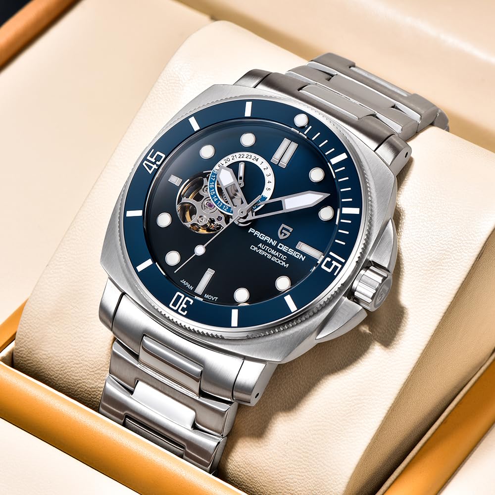 Pagani Design - Reloj mecánico automático para Hombre, Resistente al Agua hasta 200 m, Esqueleto NH39, Movimiento de Cristal de Zafiro, Azul, Casual