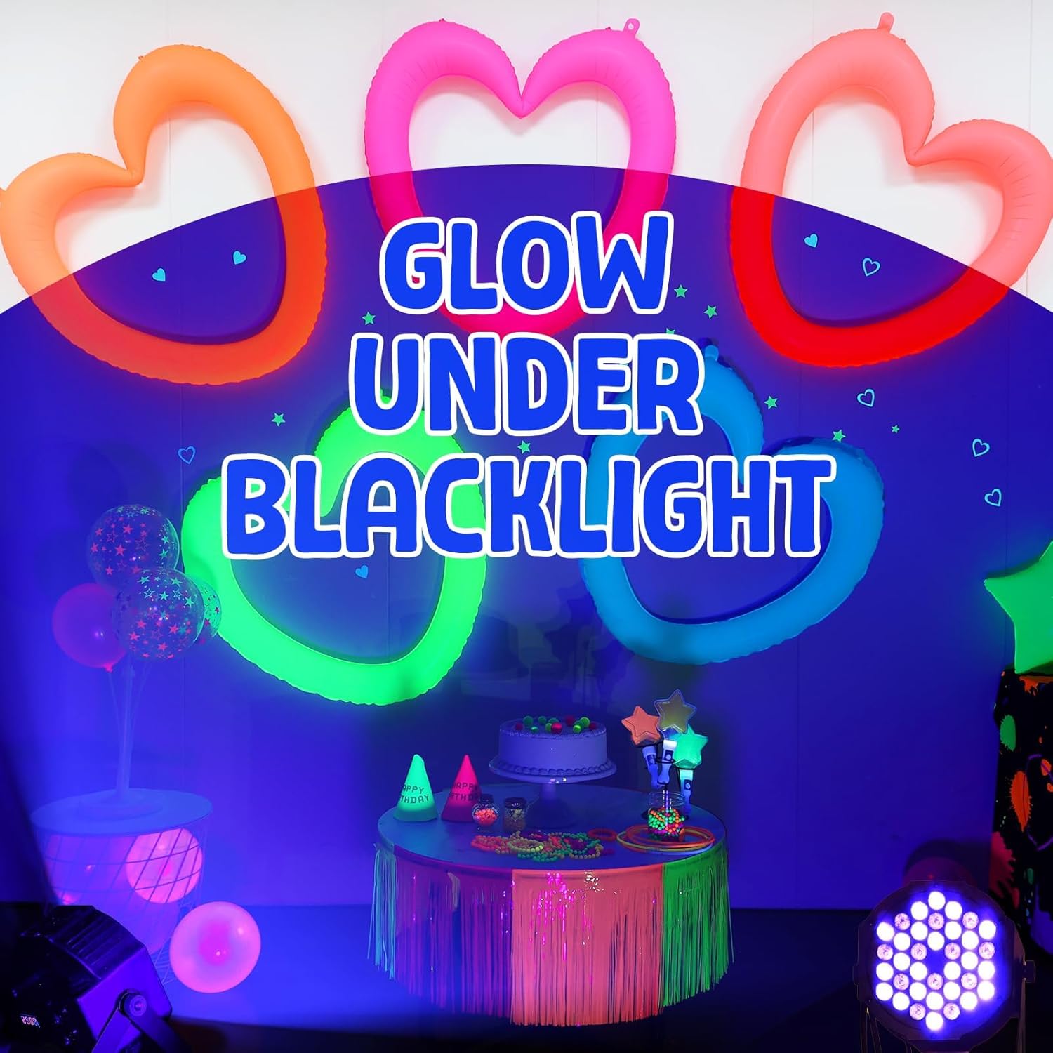 Mega-L Glow in The Dark Party Supplies, 5 Pcs Neon Heart Balloons, Fluorescent Red Yellow Fuchsia Blue and Orange, Photo Booth Props for Valentines Day, Birthday, Wedding, Engagement Romantic Decor - Image 2