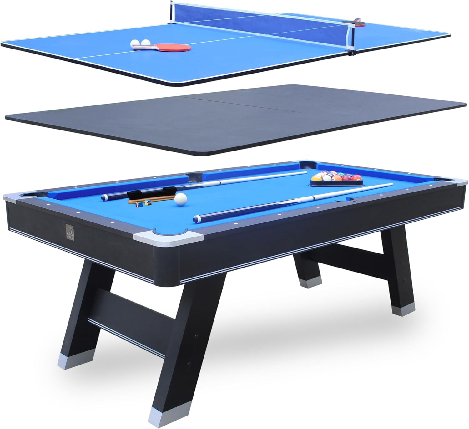 Freetime Fun 7 ft Multi-Game Table. Billiards, Table Tennis and Handy Serving Table. Get Two Great Games on This Stylish, Solid Table, for The Price of One! All Game Accessories Included.