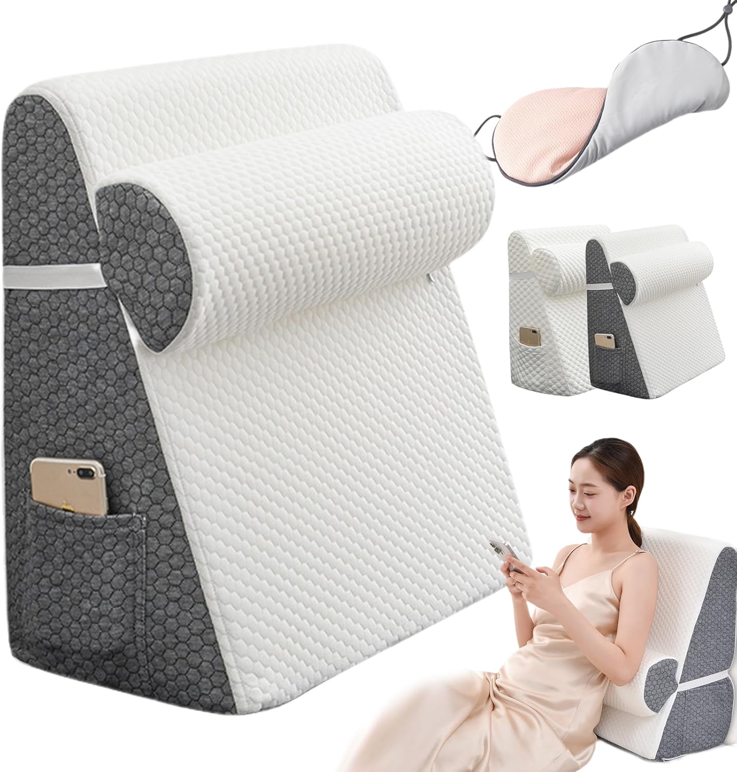 Wedge Pillow + Light Blocking Silk Sleep Mask, Adjustable Orthopedic Bed Wedge Pillow Set, Premium Memory Foam & Removable Cover, Enjoy Noise-Free Sleep (Gray)