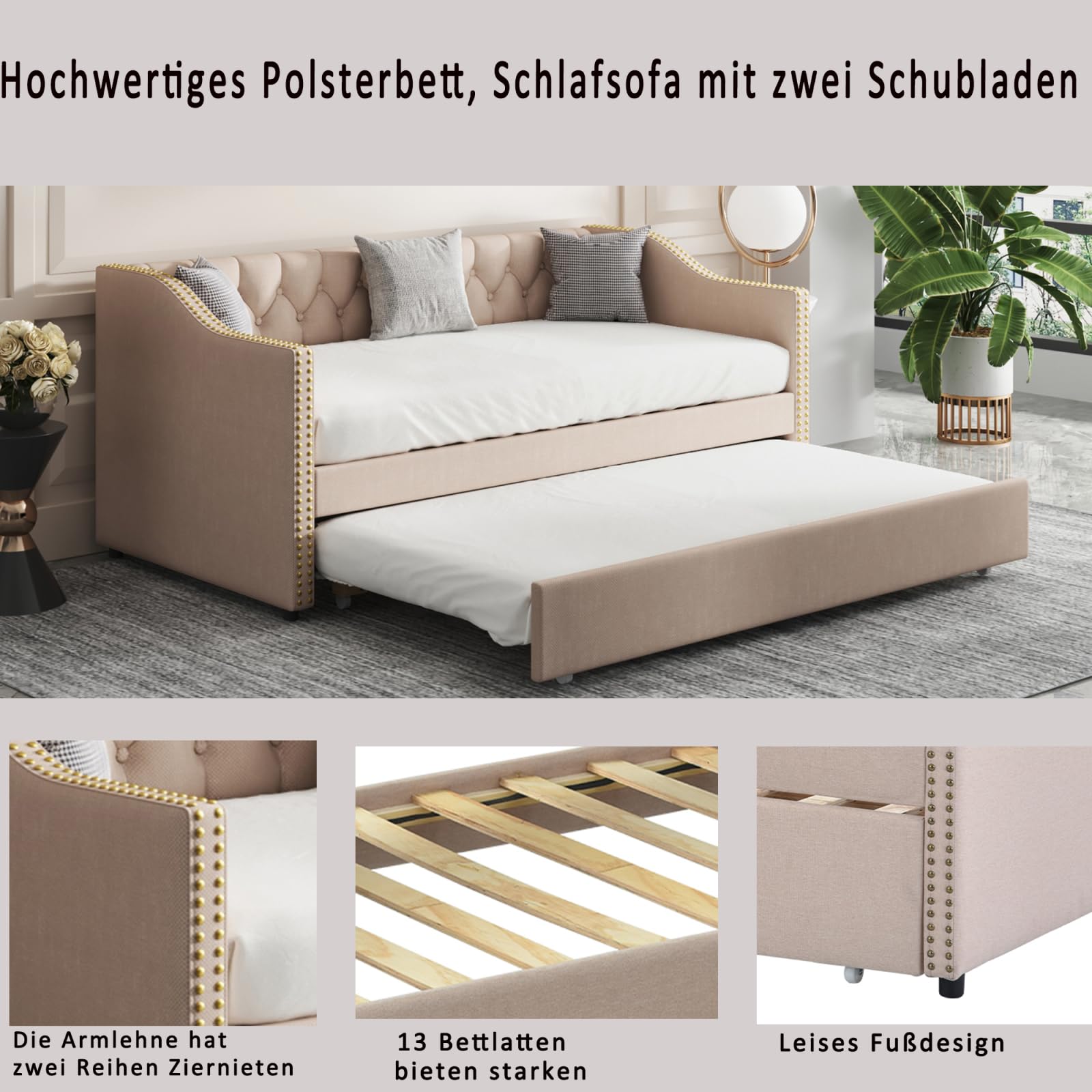 PerGar Sofá cama tapizada y extensible 90/180 x 200 cm, cama juvenil con somieres, multifunción para invitados, estructura de lino beige