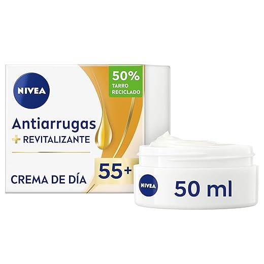 NIVEA Crema de Día Antiarrugas Revitalizante 55+ - Con Aceite de Argán, Calcio y Filtros UV FP15 - Reduce Arrugas y Líneas de Expresión - Mejora la Vitalidad de la Piel - Hidrata - Piel Madura - 50 ml