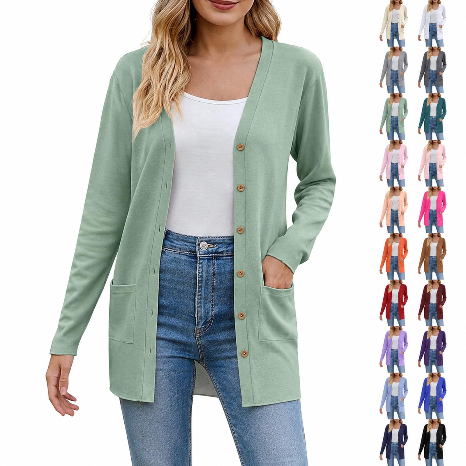 Gilet Femme Chic et Elegant Cardigan Femme Long Leger Veste Mi Saison Printemps Ete Manches Longues Col V Boutons avec Poche Fluide Doux Quotidien Casual Grande Taille