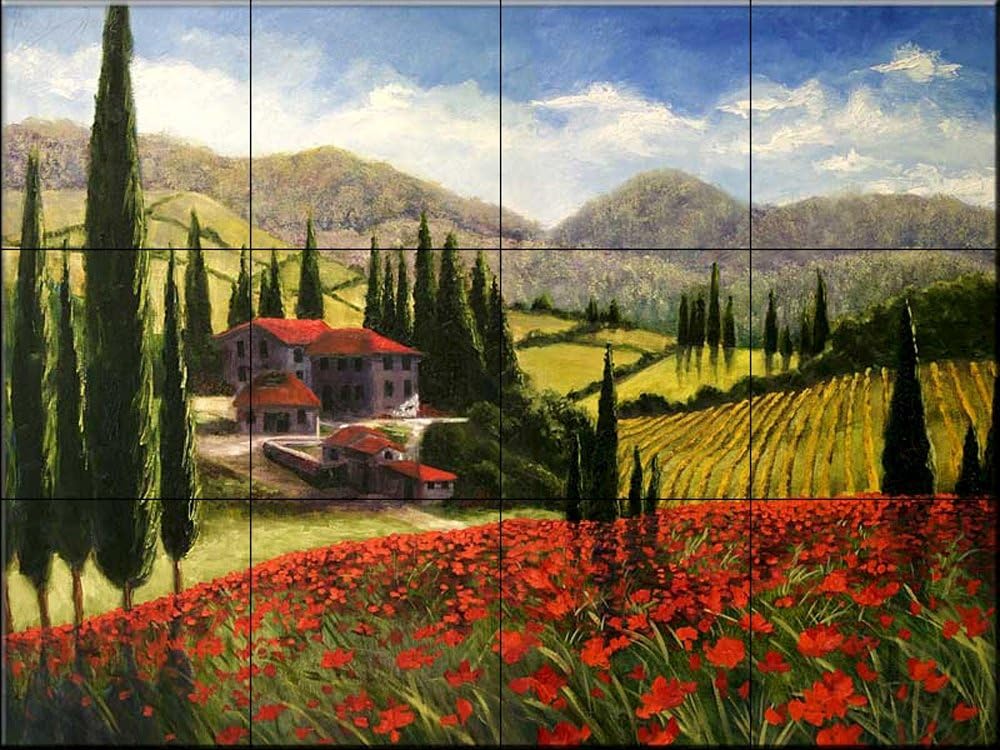 Ceramic Tile Mural - Tuscan Poppies - by Malenda Trick - Kitchen splashback / Bathroom shower