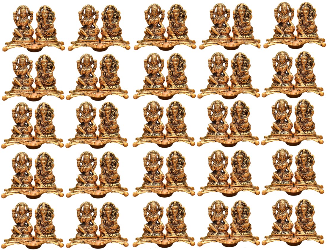 Collectible India Laxmi Ganesh Murti Idol Diya Puja Deepak - Metal Lakshmi Ganesh Statue - Diwali Home Decoration Items - Lakshmi Ganesh for Diwali Showpiece Oil Lamp Set of 25-image-41