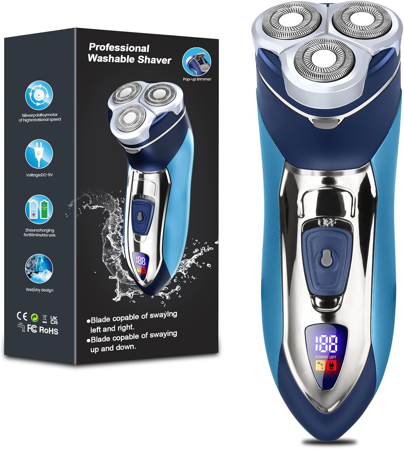 Men's Electric Shaver, 3-Blade Rotary 4D Floating Head, IPX7 Waterproof Wet Dry Shaving, Type-C Rechargeable, LED Display Cordless Portable Travel Razor, Ideal Gift for Men
