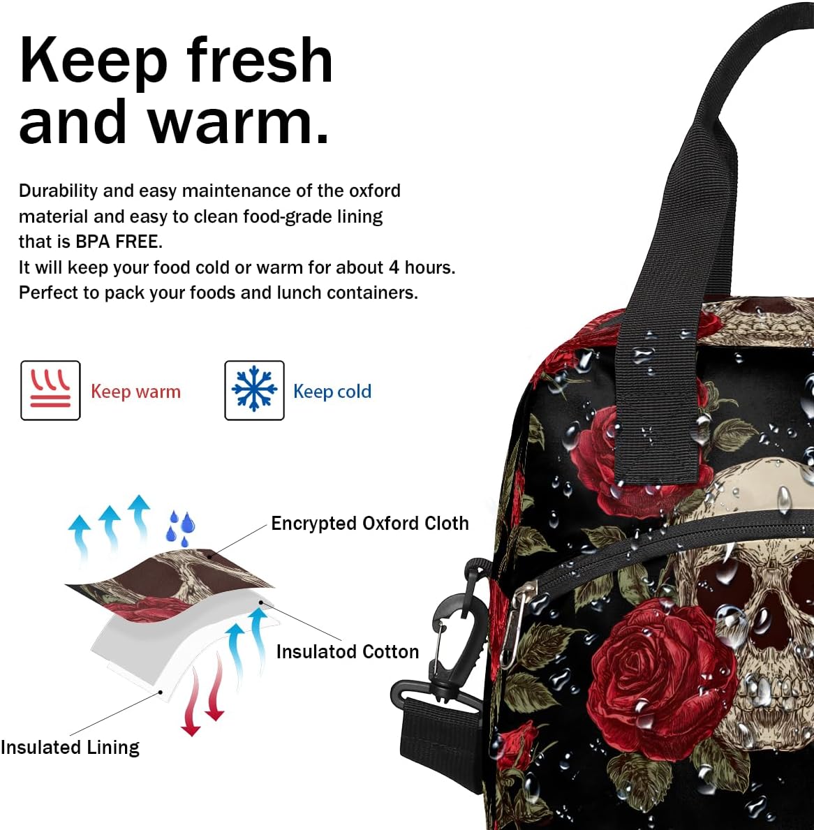 Pardick Insulated Lunch Bag for Women Men, Vintage Rose Skull Reusable Lunch Box,Thermal Cooler Tote Bag Organizer with Adjustable Shoulder Strap,Lunch Container for Work Picnic Hiking Beach,C-010